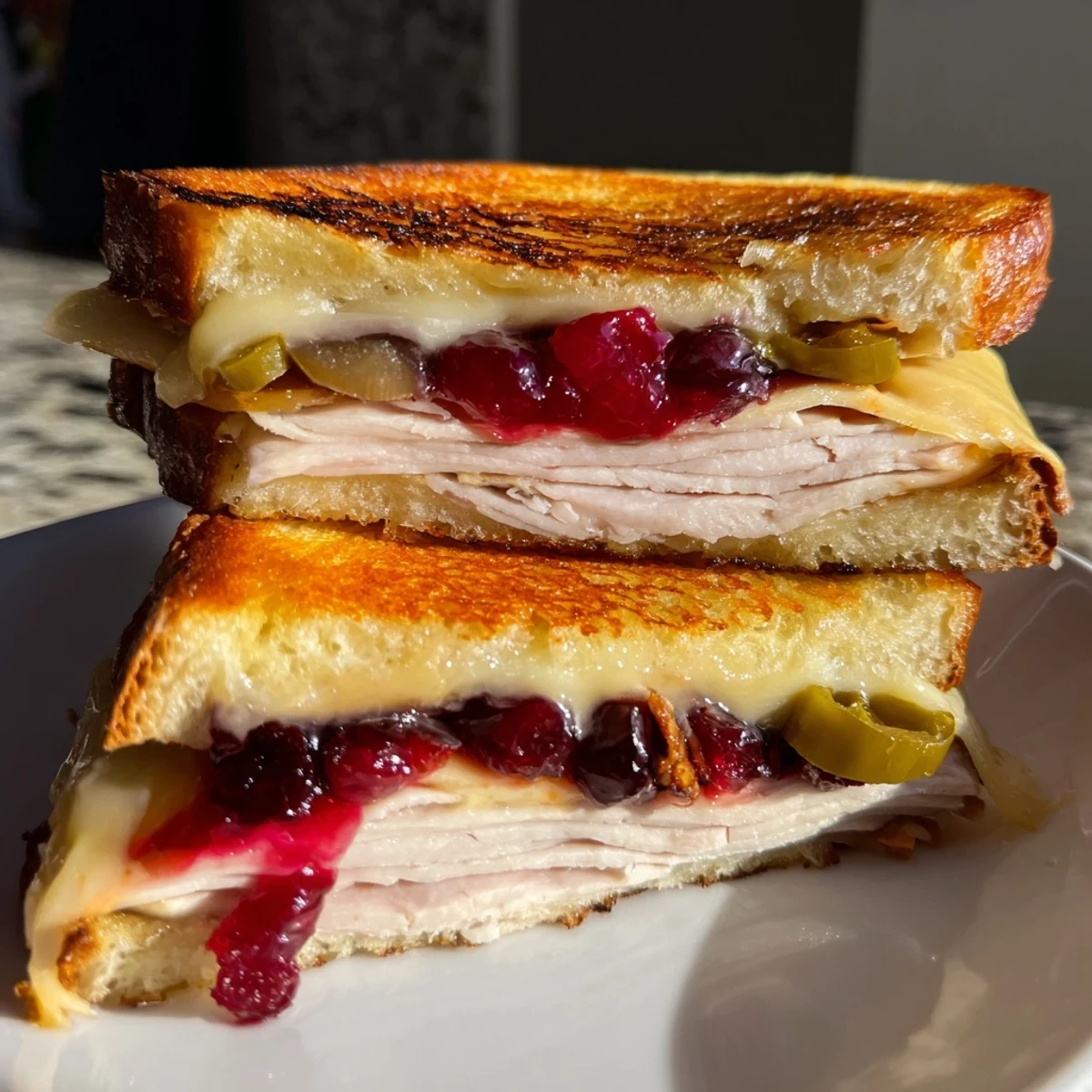 Golden, air fryer Jalapeño Cranberry Turkey Grilled Cheese, oozing melted cheese and spicy jalapeño slices.