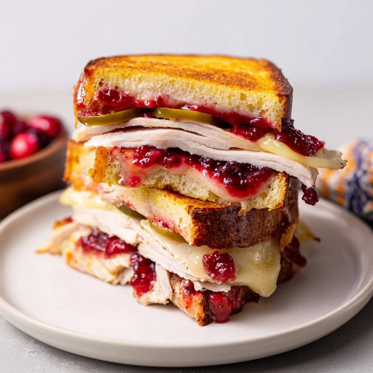 Savory and sweet Air Fryer Jalapeño Cranberry Turkey Grilled Cheese, ready to eat, with cranberry and turkey filling.