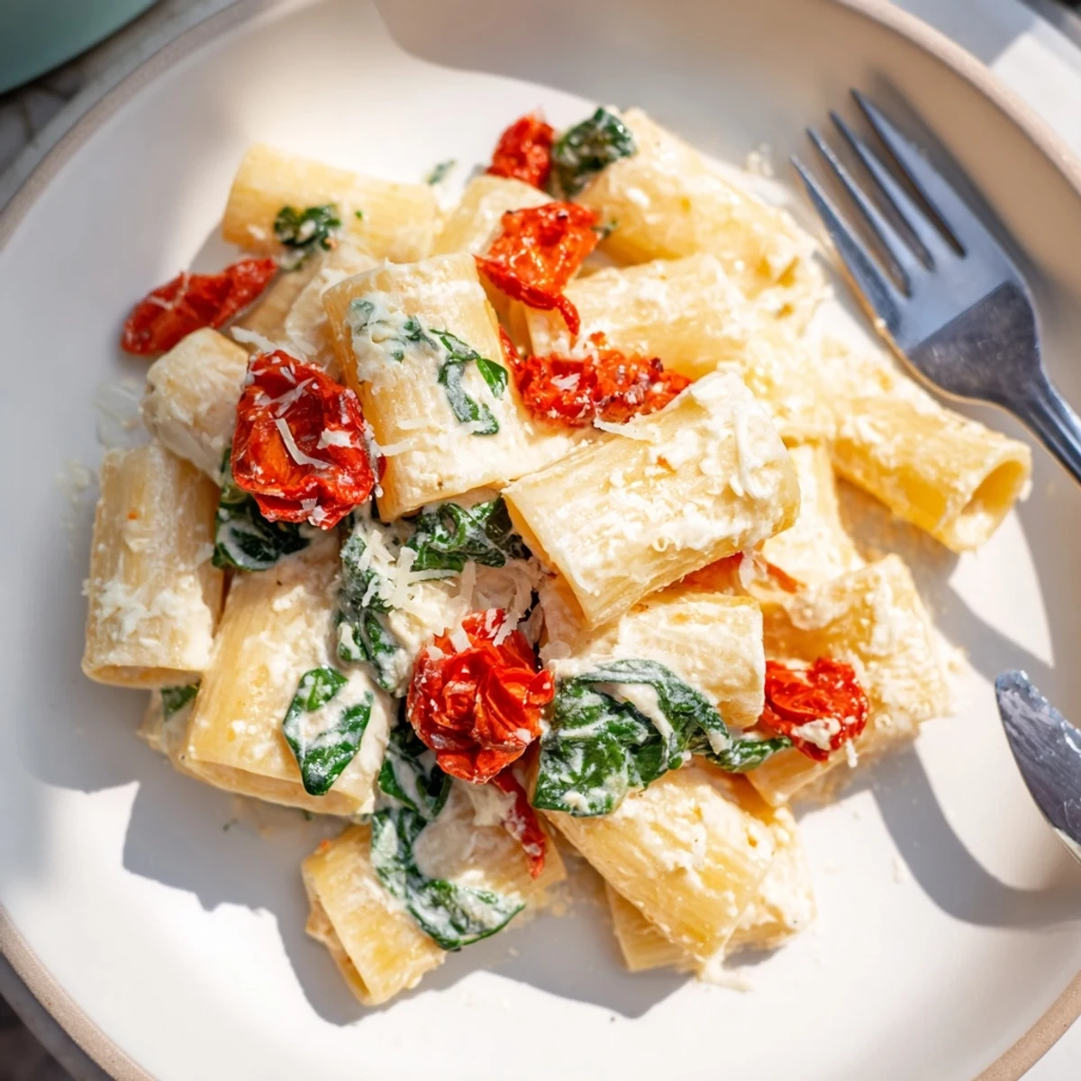 Creamy Sun-Dried Tomato Spinach Cottage Cheese Pasta, ready to devour with fresh basil garnish.