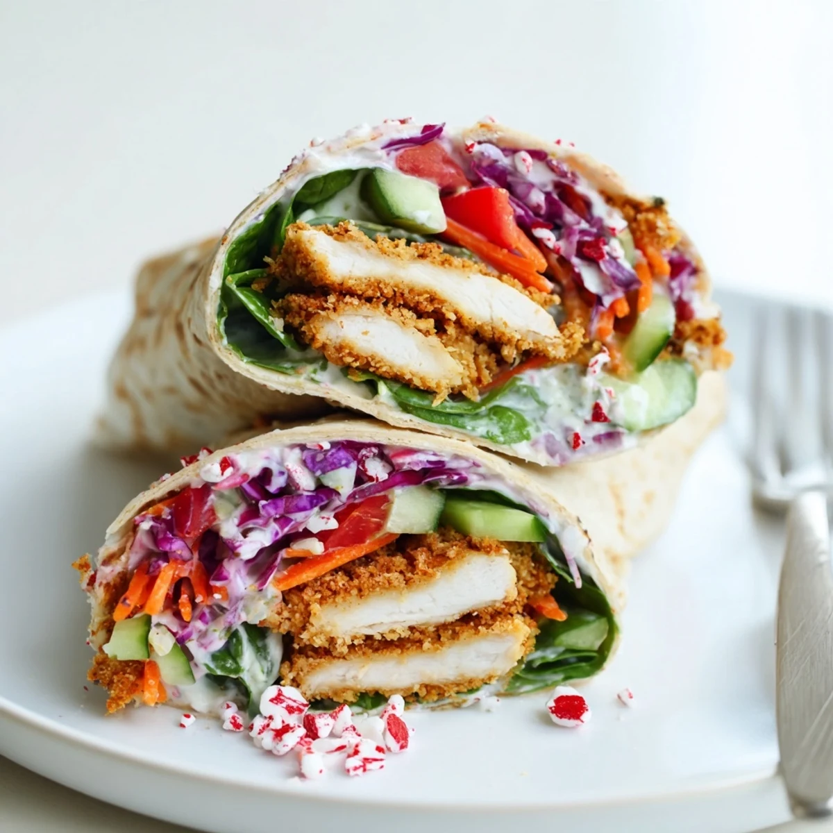 Crispy Candy Cane Crunch Chicken Veggie Wrap, showcasing colorful filling and golden chicken strips.
