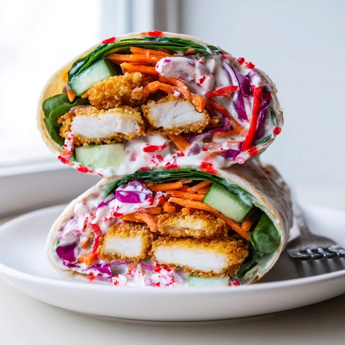 The fresh, crunchy Candy Cane Crunch Chicken Veggie Wrap, bursting with holiday flavors and textures, looks delicious.