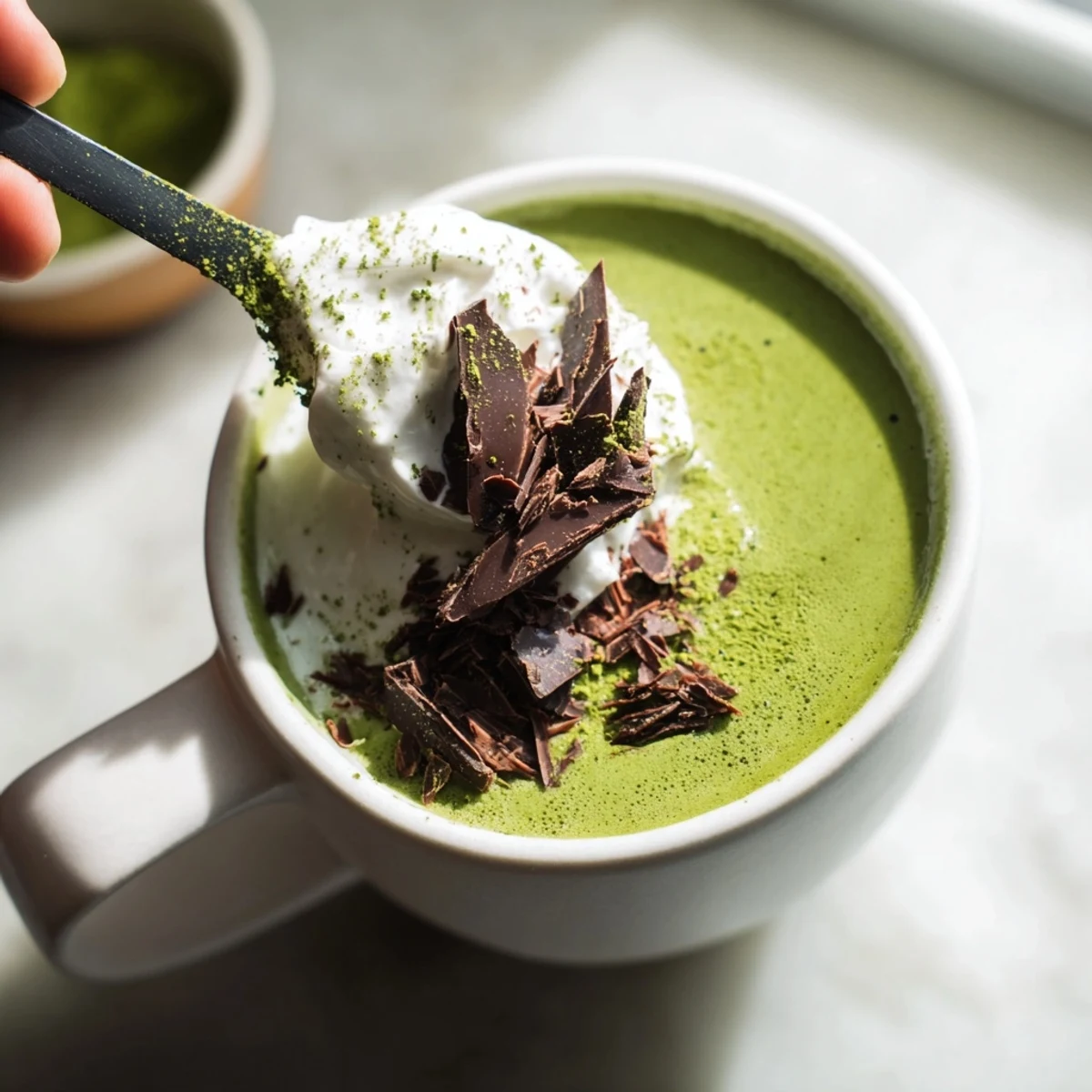 This tasty matcha hot cocoa protein mug features a fluffy texture, perfect for a fast, fulfilling breakfast.