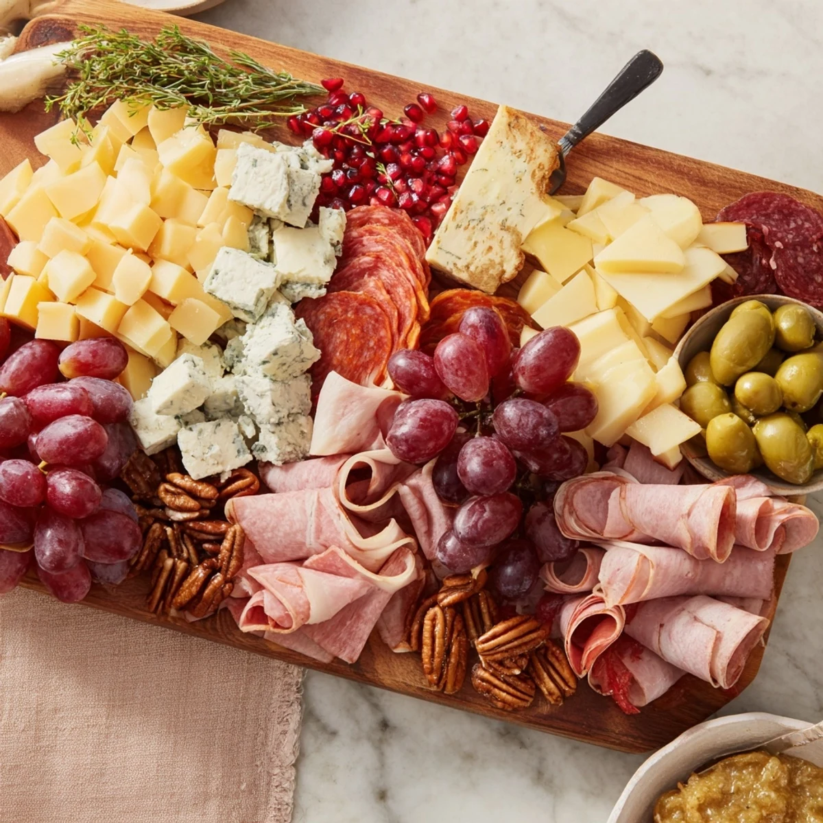 Sleigh Ride Charcuterie board: a festive display of cheeses, meats, fruits, and crackers perfect for your holiday celebration.