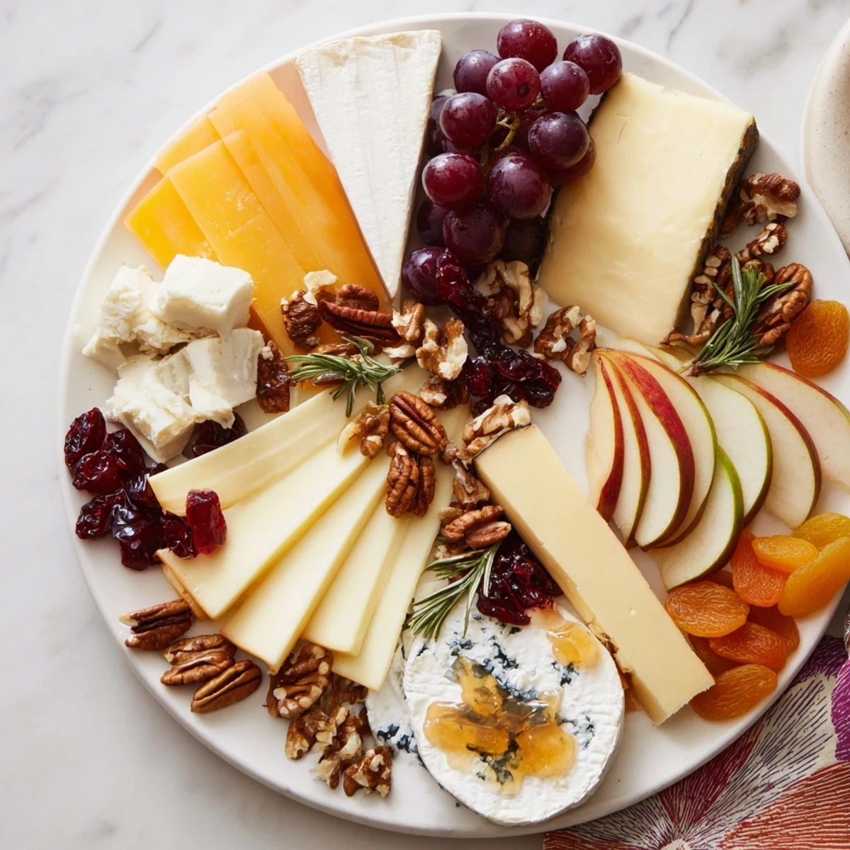 Vibrant Autumn Leaf Cheese Platter: a feast of cheeses, fruits, and crackers, elegantly styled with autumn leaves.