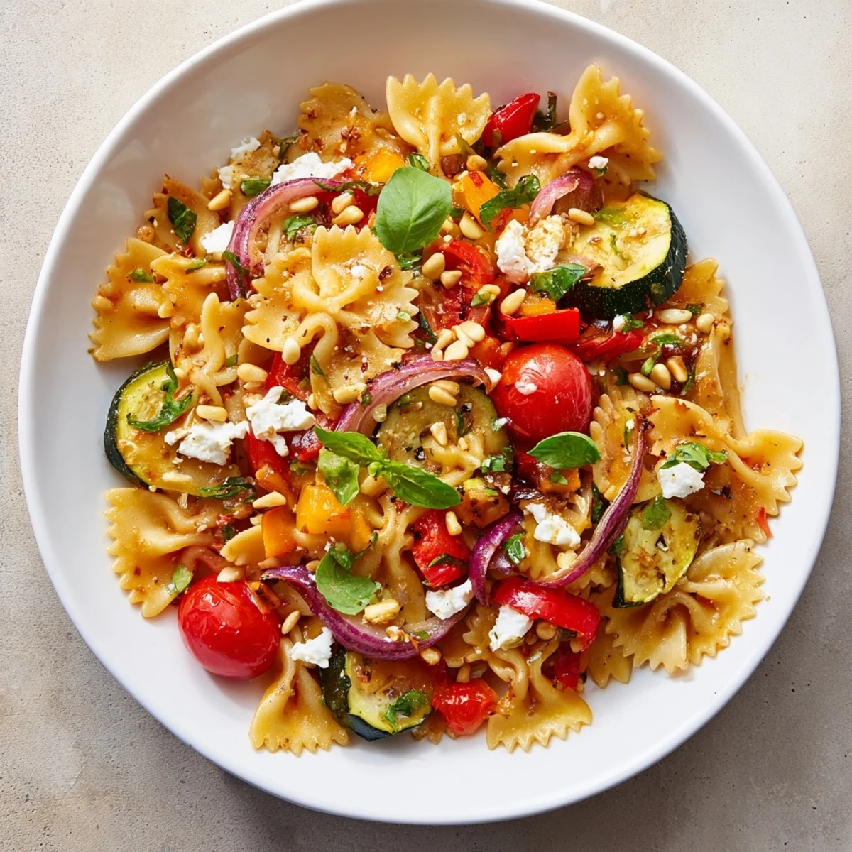 Close-up of Festive Bow Tie Pasta Platter, bursting with colorful roasted vegetables and herbs.