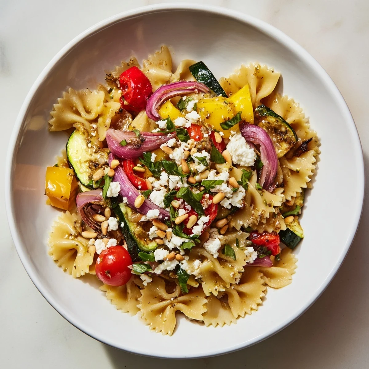 Vibrant Festive Bow Tie Pasta Platter, tossed in a lemon dressing and loaded with roasted goodness.