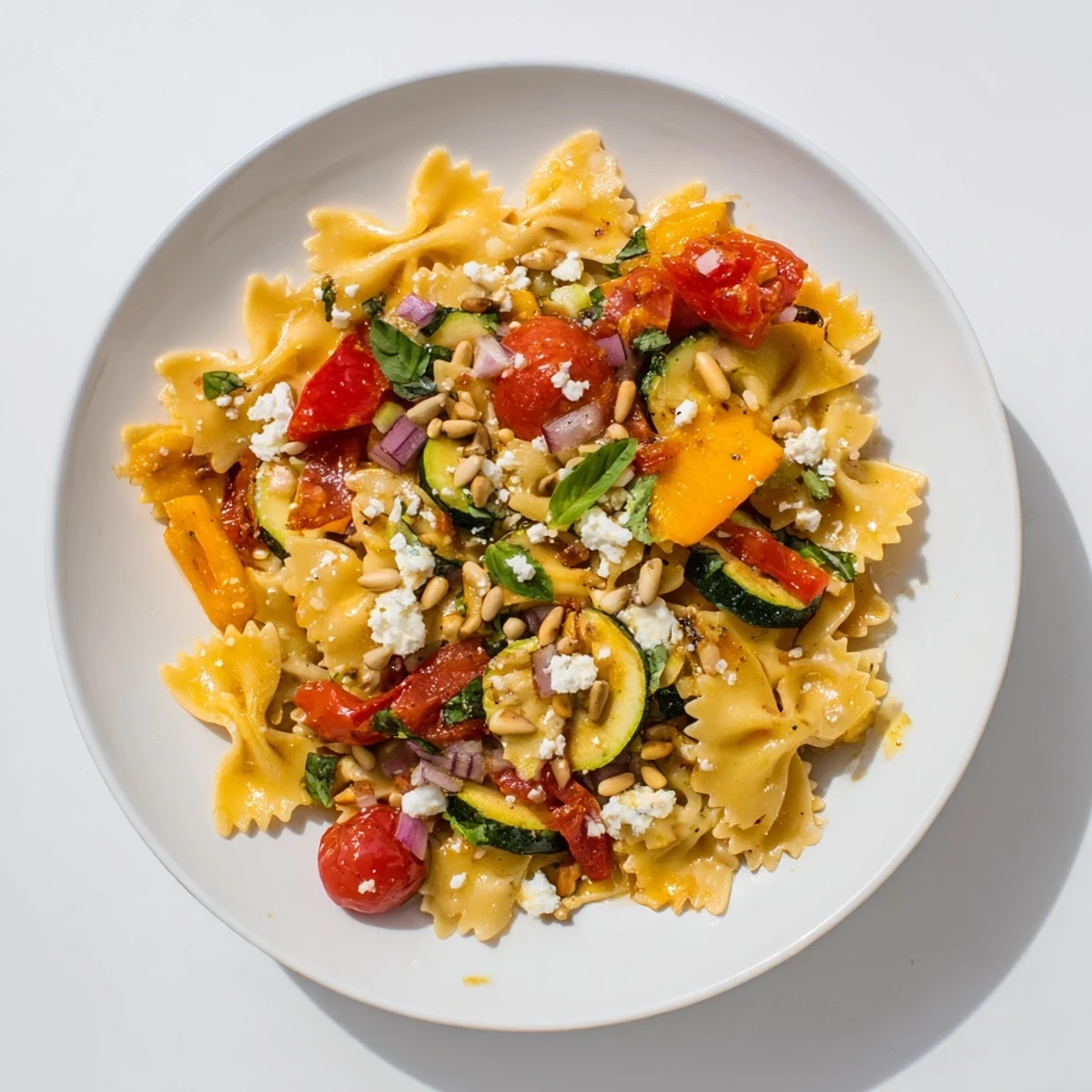 Festive Bow Tie Pasta Platter, a vegetarian delight, ready to be served and enjoyed at a gathering.