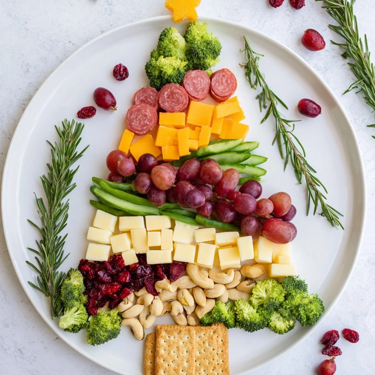 Vibrant Evergreen Tree Snack Board displays cheeses, meats, and fruits, creating a stunning visual feast.