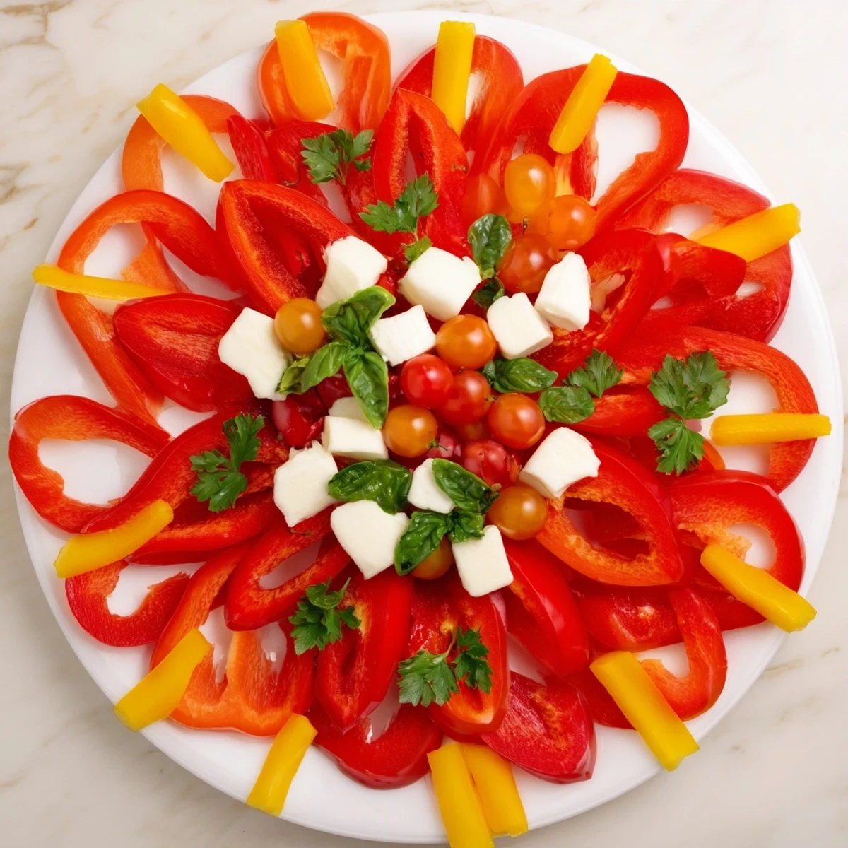 Vibrant Festive Poinsettia Platter appetizer, a beautiful, colorful arrangement of fresh veggies and cheeses.