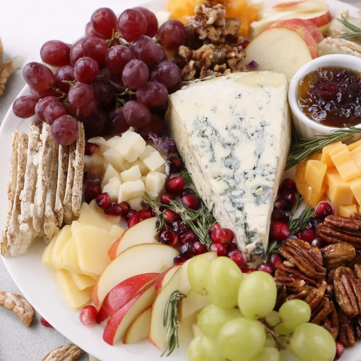 Festive Jingle Bell Cheese Board with an assortment of cheeses, fruits, and crackers perfect for your holiday party.