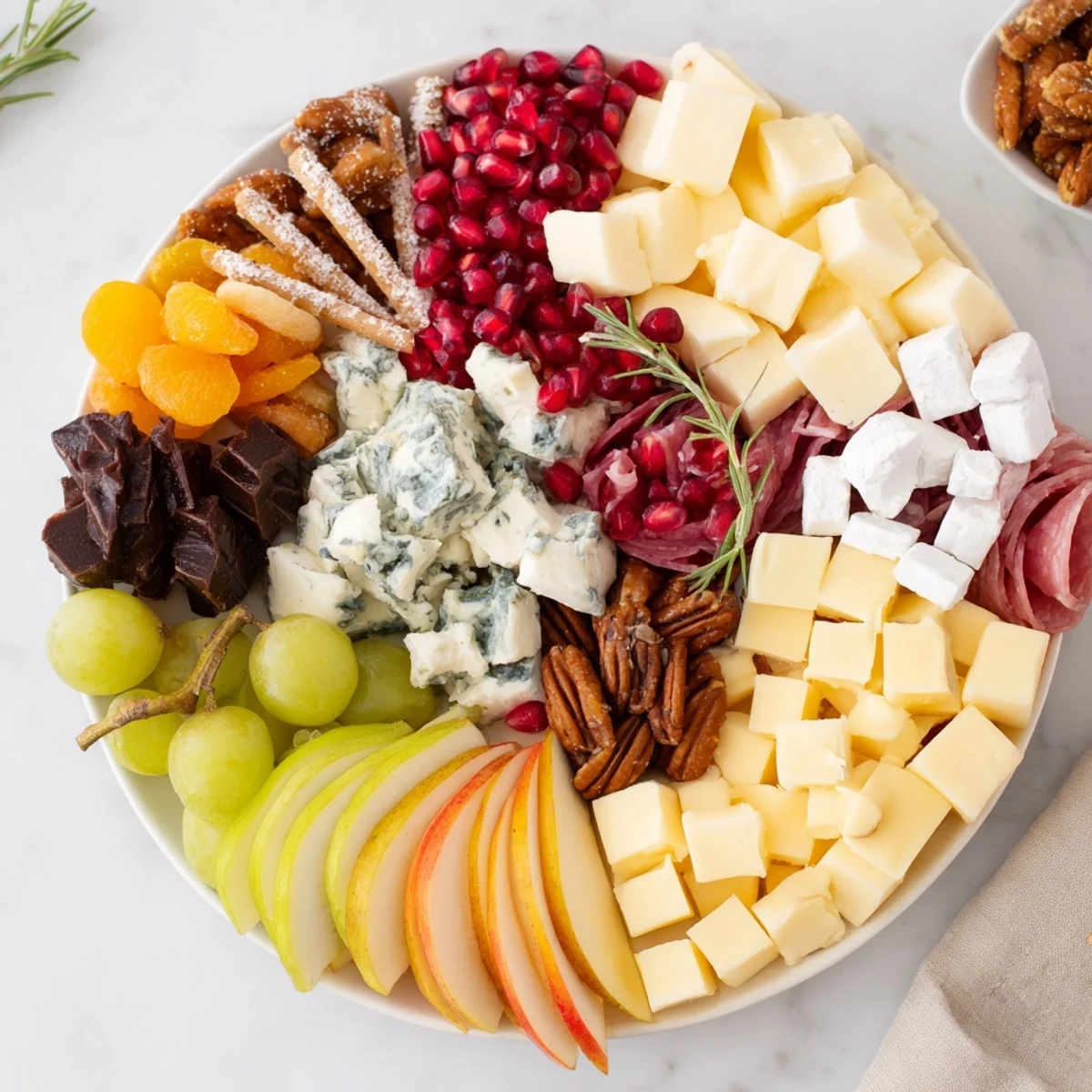 A beautiful array of cheeses, meats, and fruit compose this Winter Wonderland Grazing Tray, ready to enjoy.