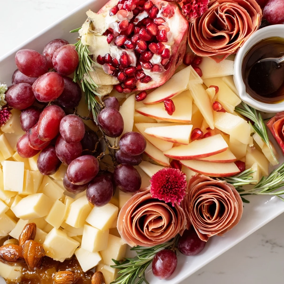 Vibrant Holiday Bow Appetizer Platter, featuring colorful fruit, salty meats, and creamy cheeses for guests.
