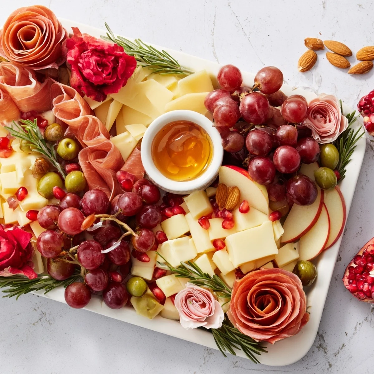 Festive Holiday Bow Appetizer Platter arranged attractively around a platter with cheeses, meats, and fruit.