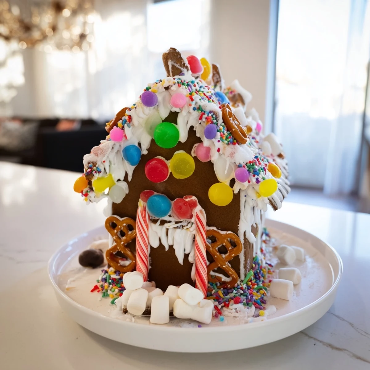 Close-up of a gingerbread house decorating kit, showcasing colorful candies and frosted gingerbread.