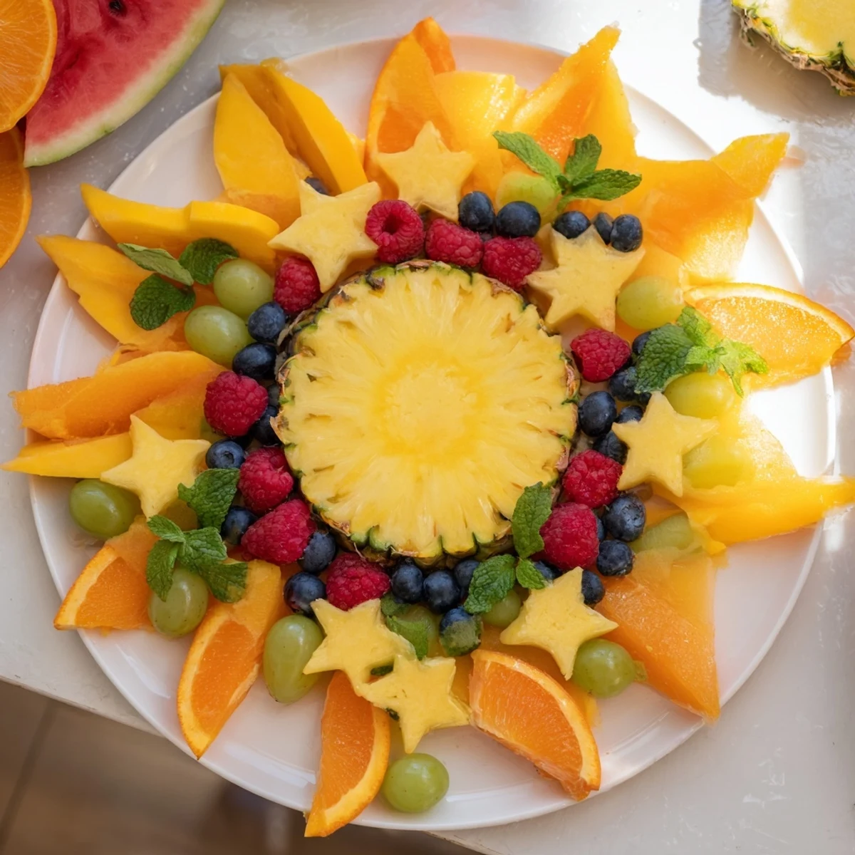 Bright oranges, green grapes, and blueberries create a lively Summer Rays sun-shaped fruit platter for sharing.