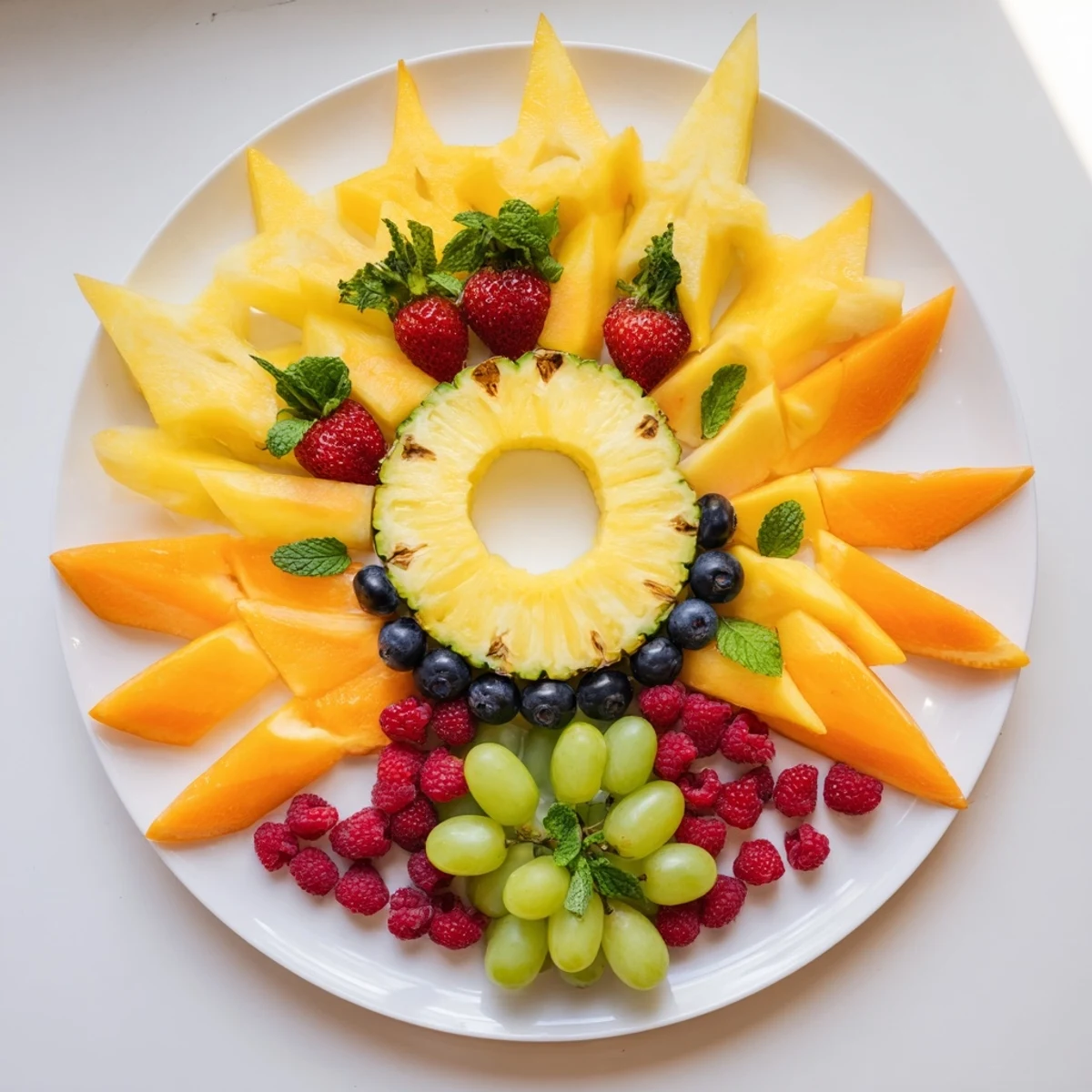 A colorful Summer Rays fruit tray, featuring a sweet, juicy pineapple center and vibrant mango rays.