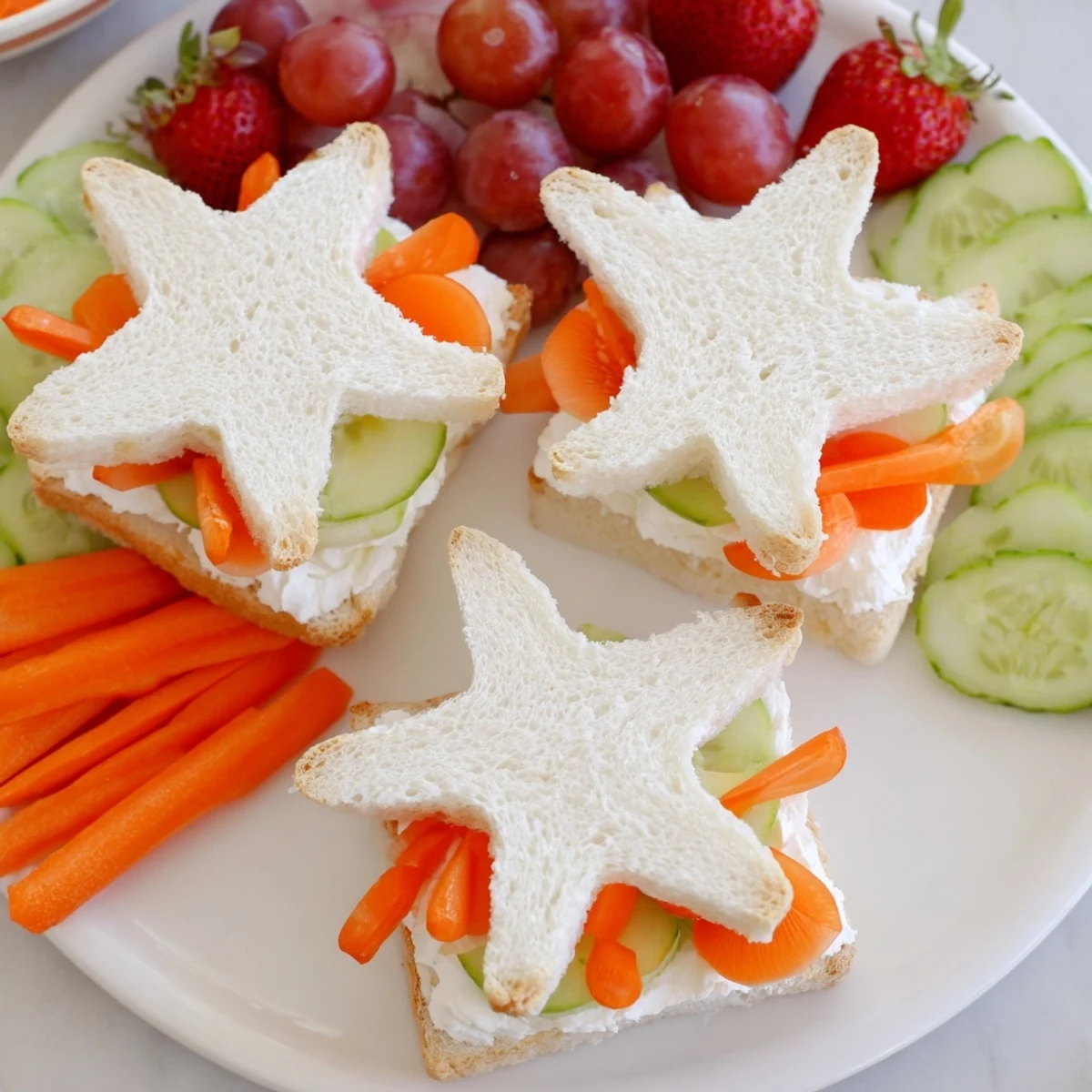 Beach Day Starfish Snack spread showcases fun, colorful sandwiches and fresh fruit arranged for a summer party.