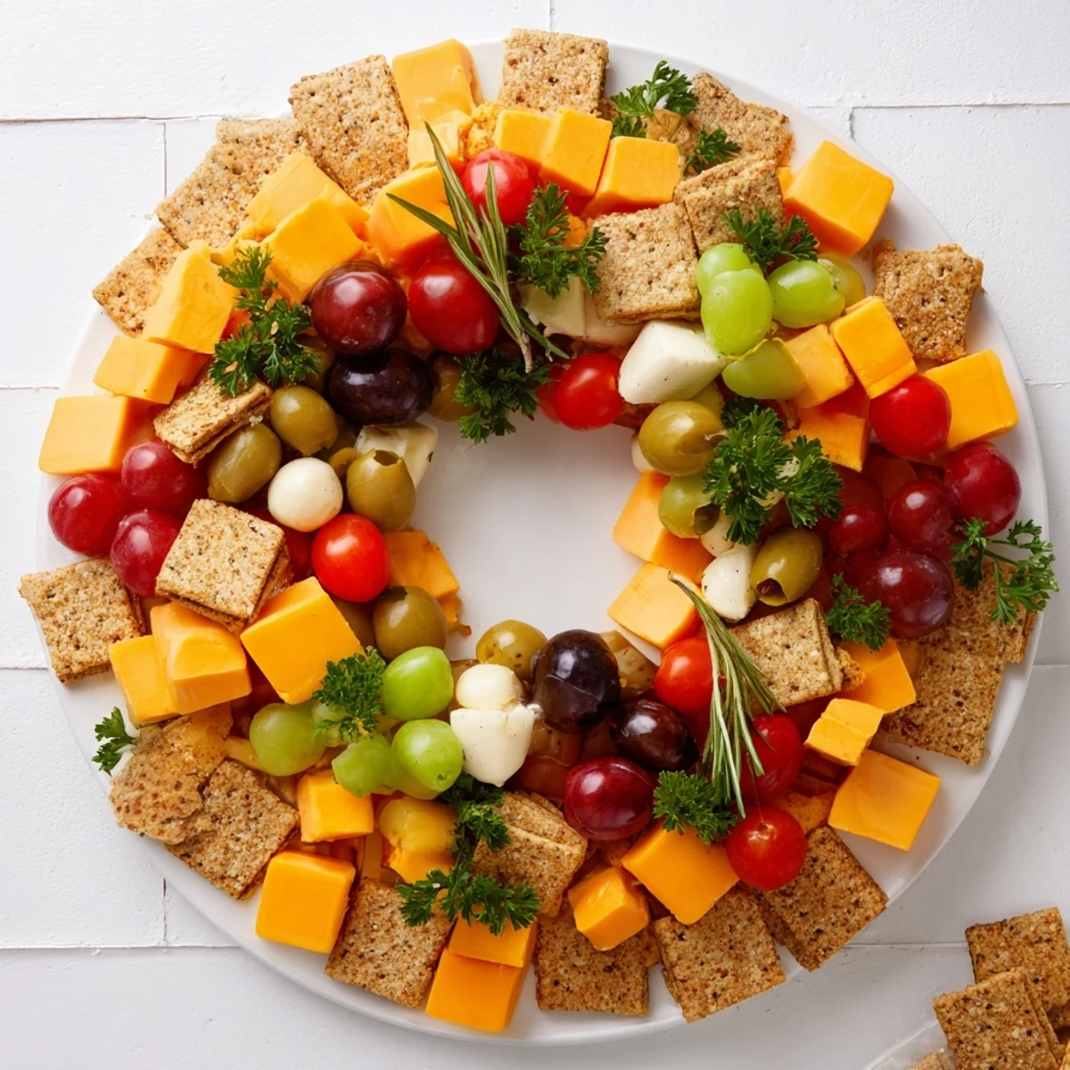 Jingle Bell Cheese & Cracker Wreath: A vibrant holiday appetizer wreath with colorful cheeses and crackers.
