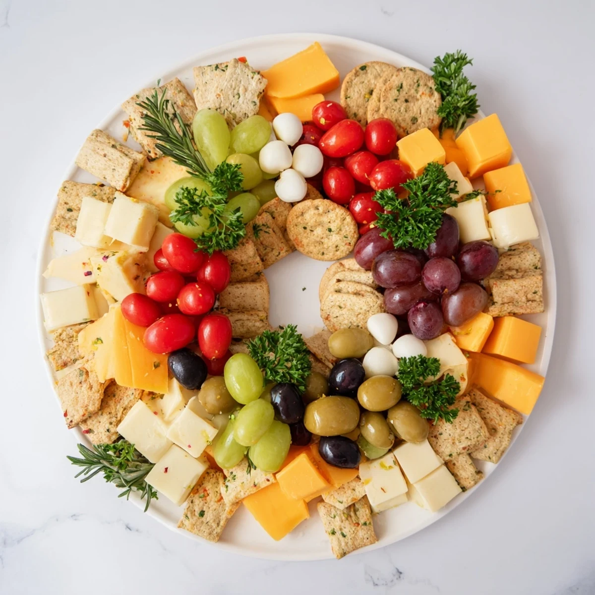 This delicious Jingle Bell Cheese & Cracker Wreath showcases assorted cheeses and crackers—a perfect vegetarian appetizer.