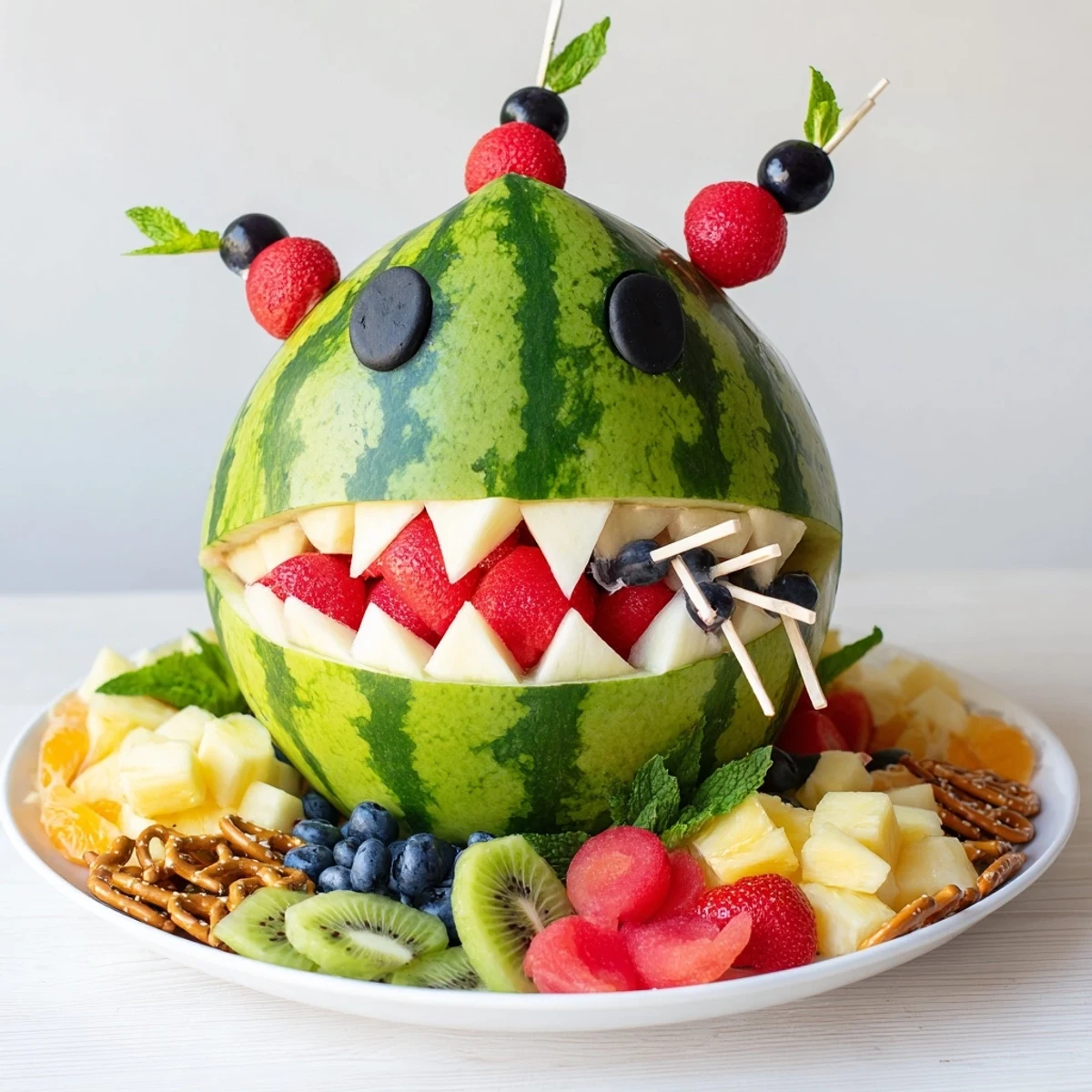 Watermelon Wave Shark Snack Board bursting with colorful fruits, pretzels, and cheese, ideal for parties.