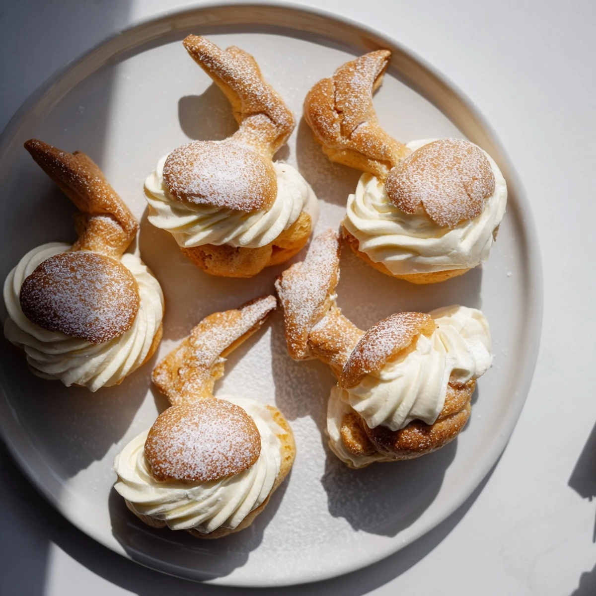Elegant swan mini pastries arranged on a platter, lightly dusted with powdered sugar and ready to serve.