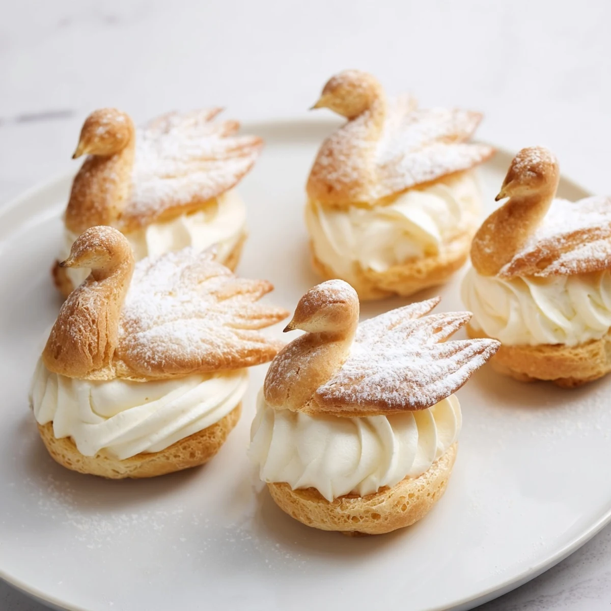 Fluffy, golden-brown elegant swan mini pastries filled with vanilla cream, a delightful French dessert.