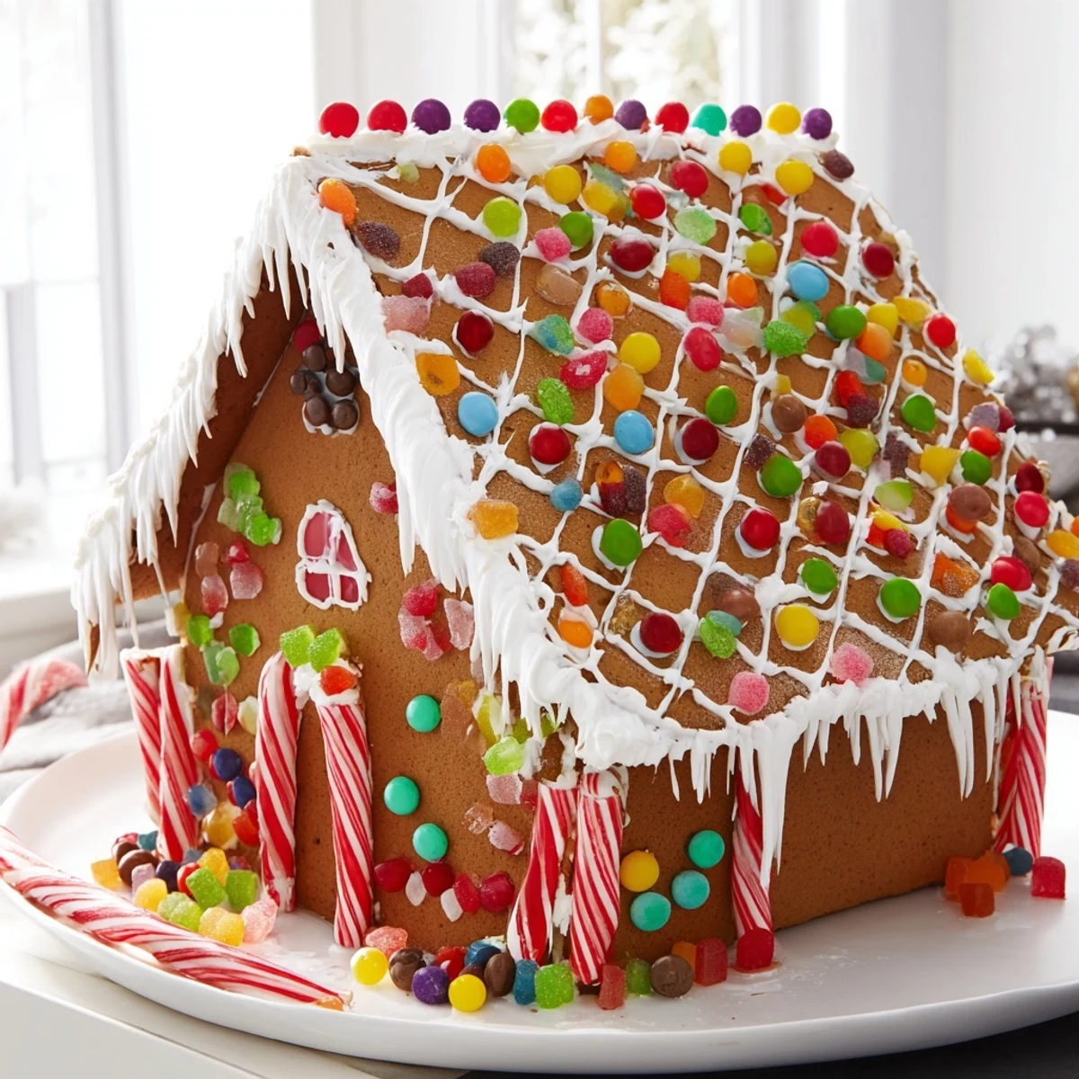 A beautifully decorated gingerbread house: holiday treat with colorful candies and fresh royal icing accents.