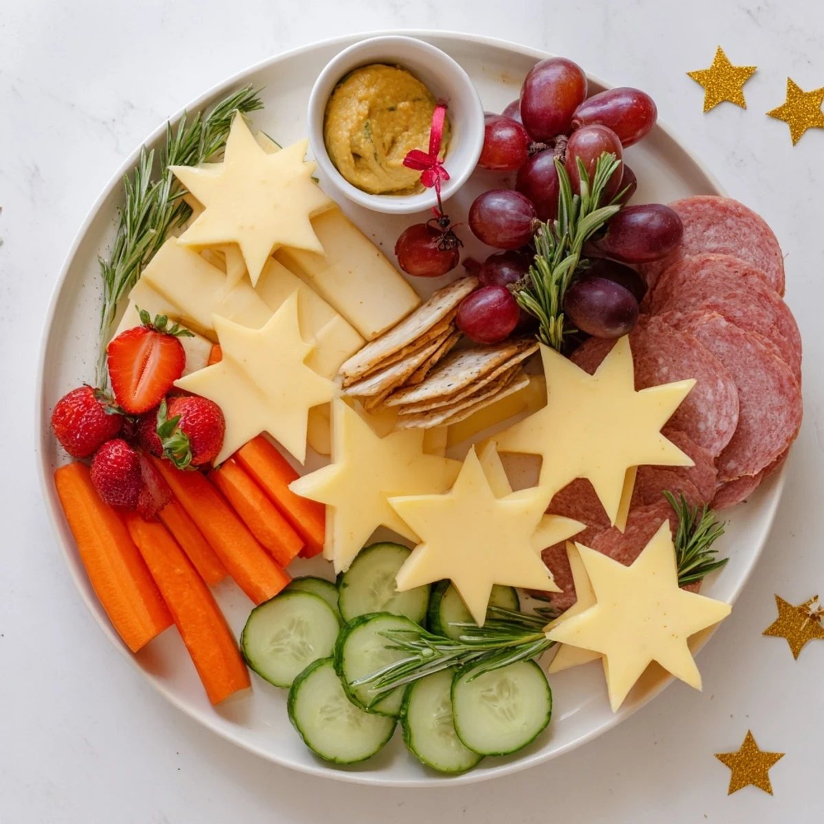 Happy New Year star board with colorful cheeses, meats, and fruits perfect for sharing.