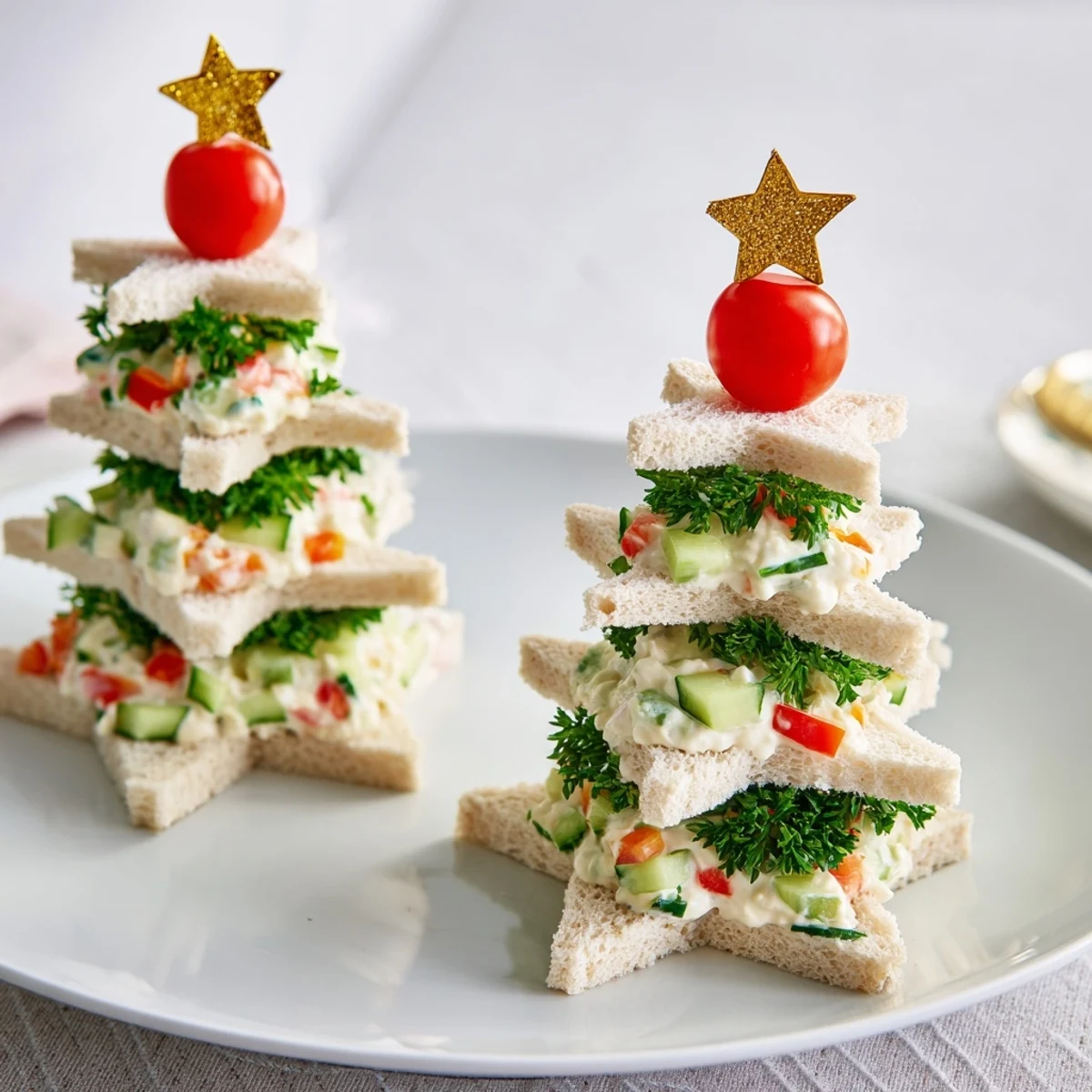 Stacked Star Christmas Tree Sandwiches, layered with cream cheese and colorful, fresh garnishes for the holidays.
