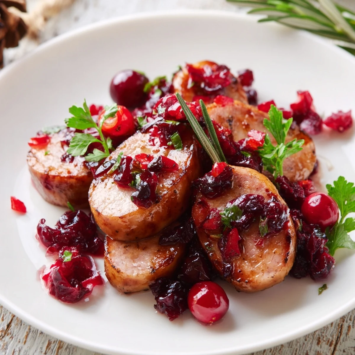 Golden, baked Festive Holly Berry Sausage Bites topped with glistening cranberry sauce and fresh herbs.