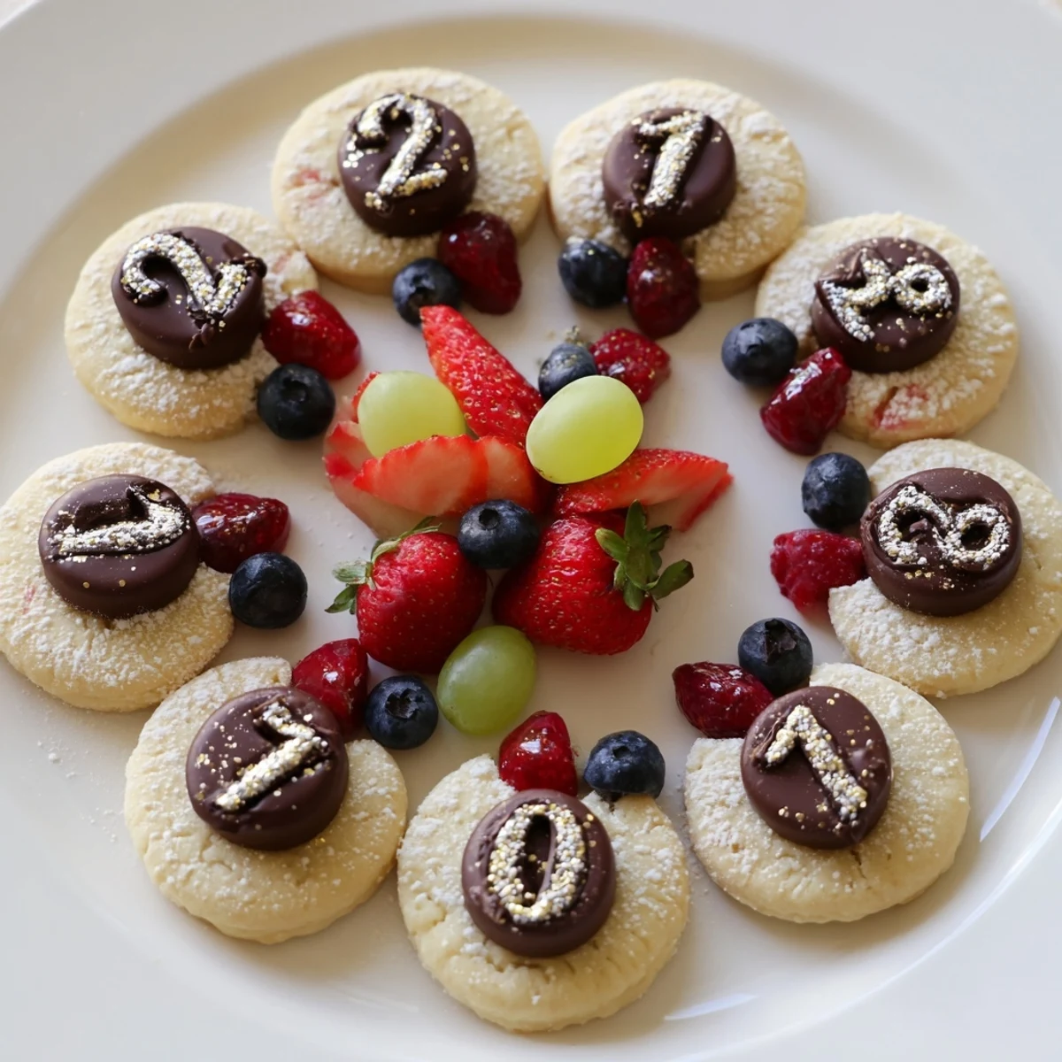 Sparkling Clock Countdown Platter showcasing a festive dessert arrangement with glittering fruits and pastries.