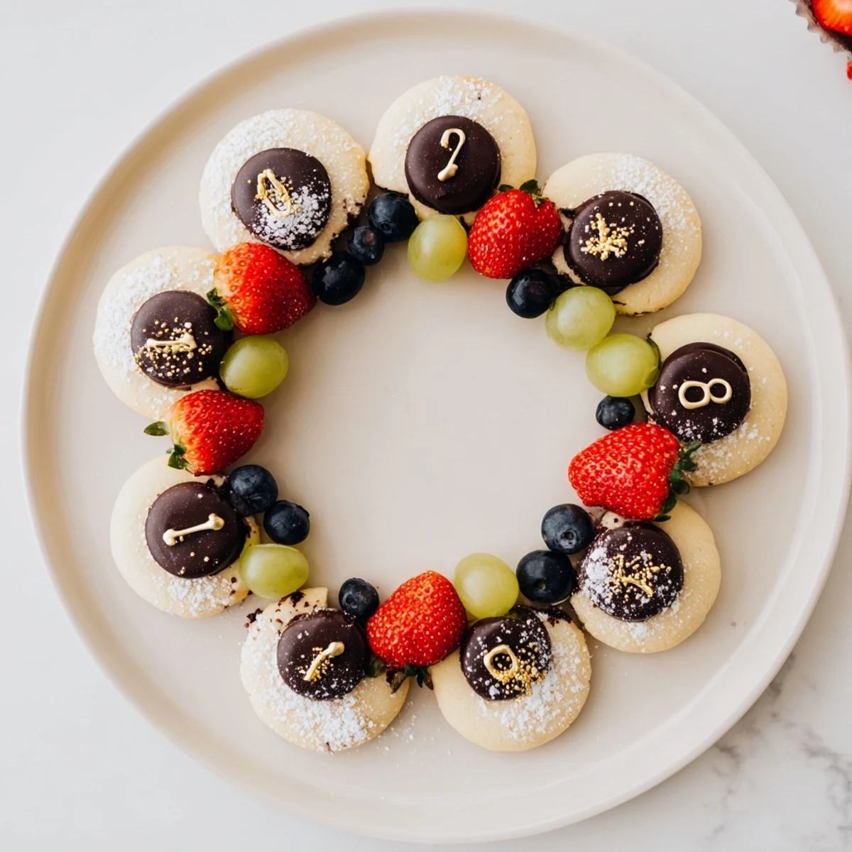 New Year's Eve Sparkling Clock Countdown Platter: A clock-shaped dessert with gold sprinkles, ready to serve.