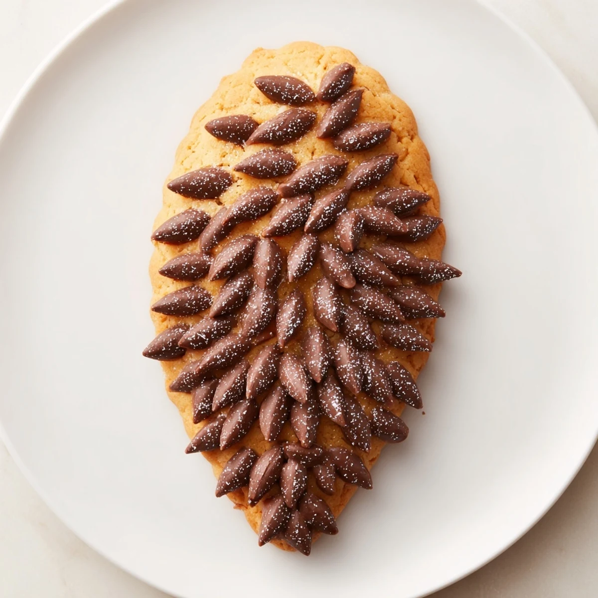 Close-up of freshly baked Pinecone Shaped Peanut Butter Cookies, adorned with chocolate sprinkles, a sweet delight.