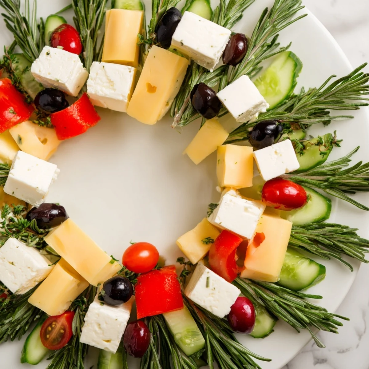 Festive Cheese & Olives pine tree wreath: a colorful assortment of olives and cheeses, ready to serve.