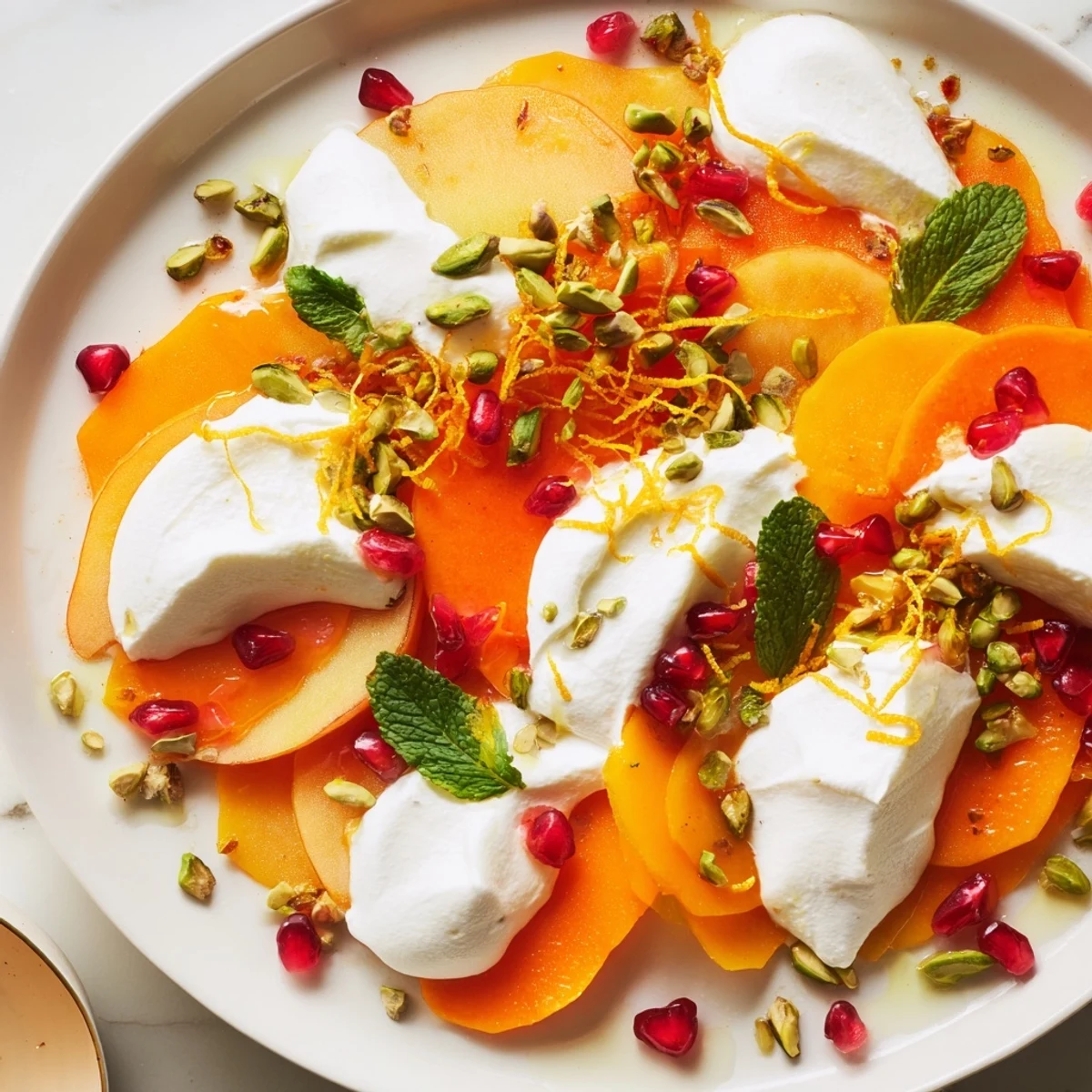 Persimmon and pear snowscape: Sweet persimmon and pear slices topped with a creamy, dreamy mascarpone.