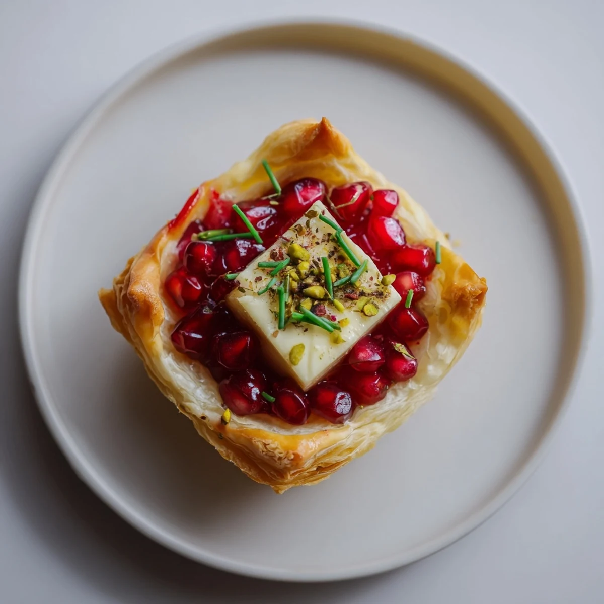 Golden, bubbly Fireworks Brie Tartlets topped with bright red pomegranate seeds; a festive appetizer.