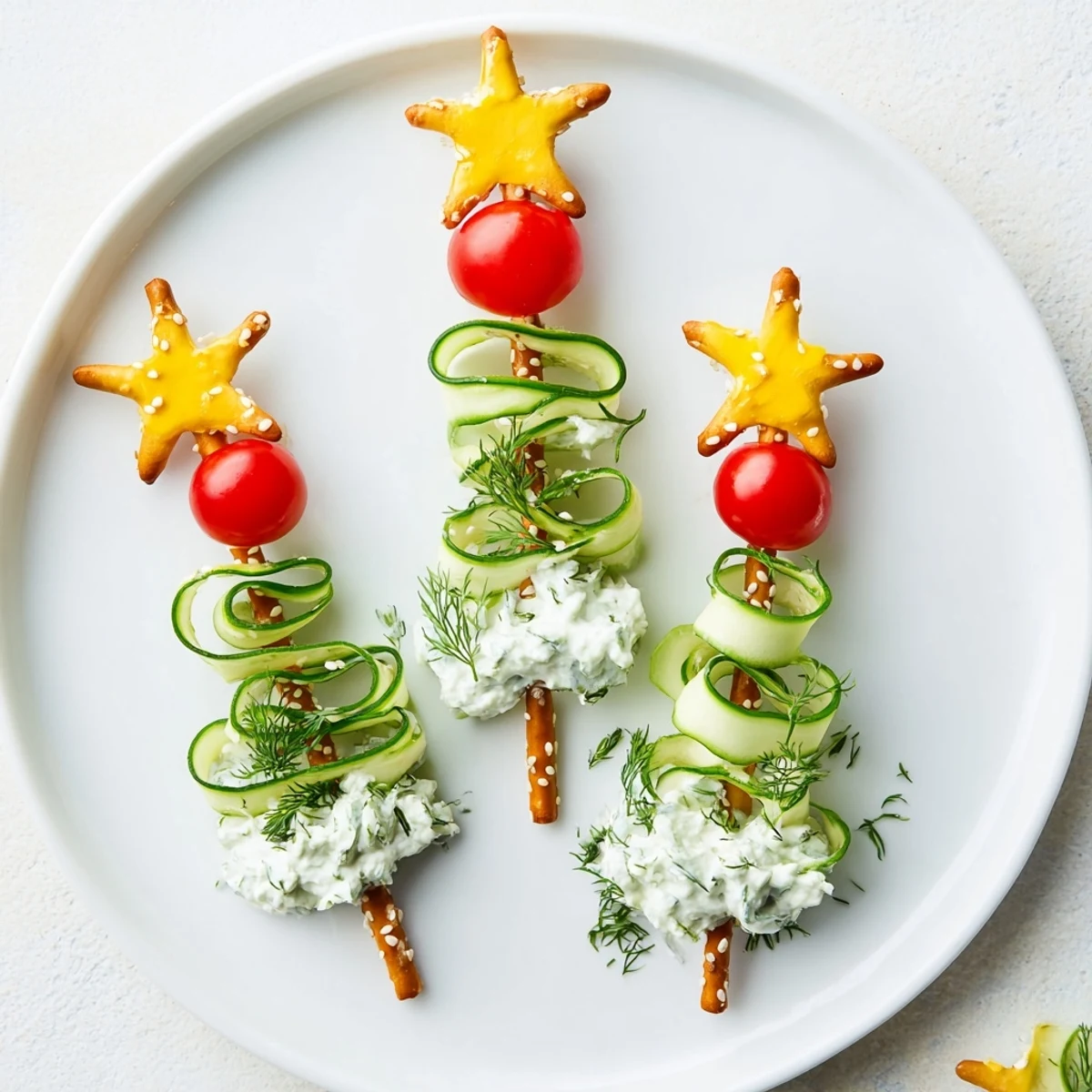 Spiral Cucumber Ribbon Christmas Trees: festive appetizer with creamy cheese, fresh herbs, and bright red cherry tomatoes.