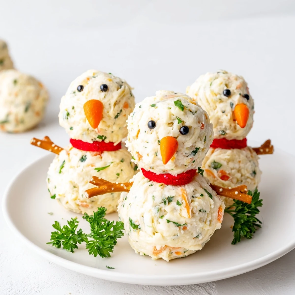 Snowman Cheese Ball Trio arranged on a platter, ready to be enjoyed with crackers and fresh veggies.