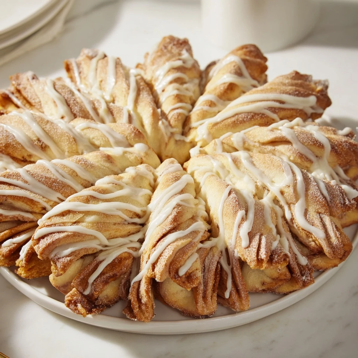 Giant snowflake sweet roll centerpiece, golden brown and glistening with icing, perfect for a cozy breakfast.