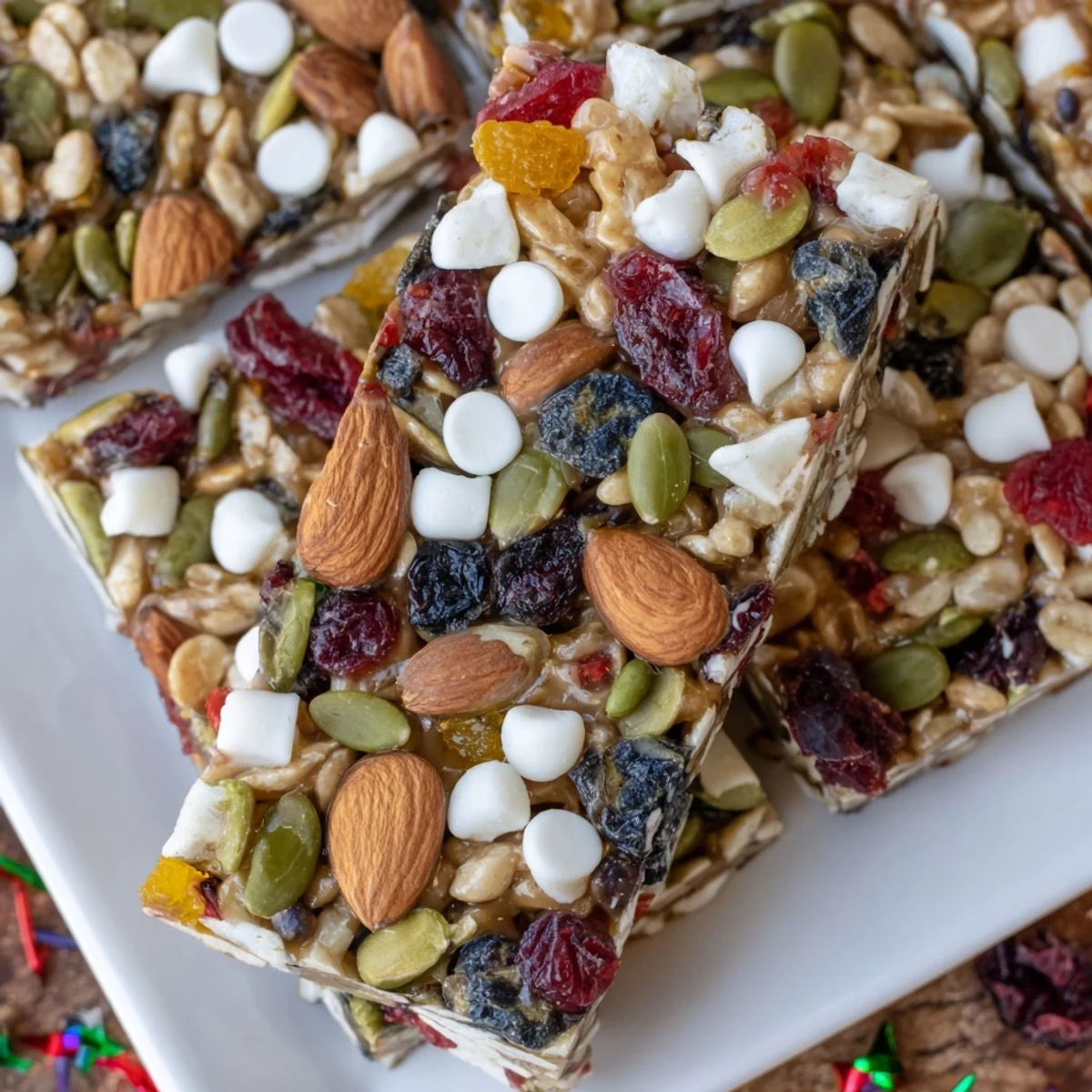 Image of a delicious Winter Wonderland Trail Mix Bar, packed with nuts, fruits, and white chocolate.