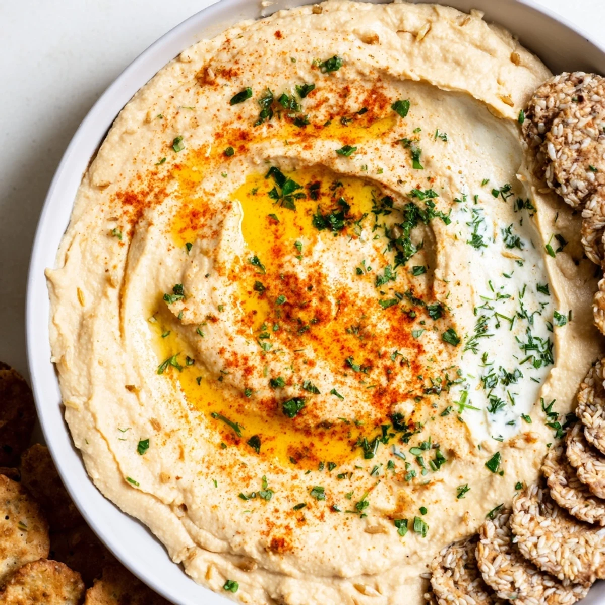 A vibrant appetizer photo of easy dips, featuring hummus and yogurt dips, and a cracker divider.