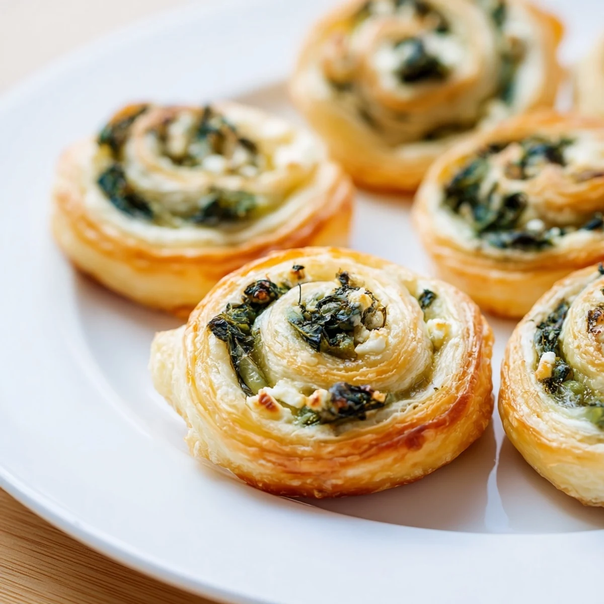 Golden, flaky savory spinach feta pinwheel spirals, perfect for a Mediterranean appetizer platter.