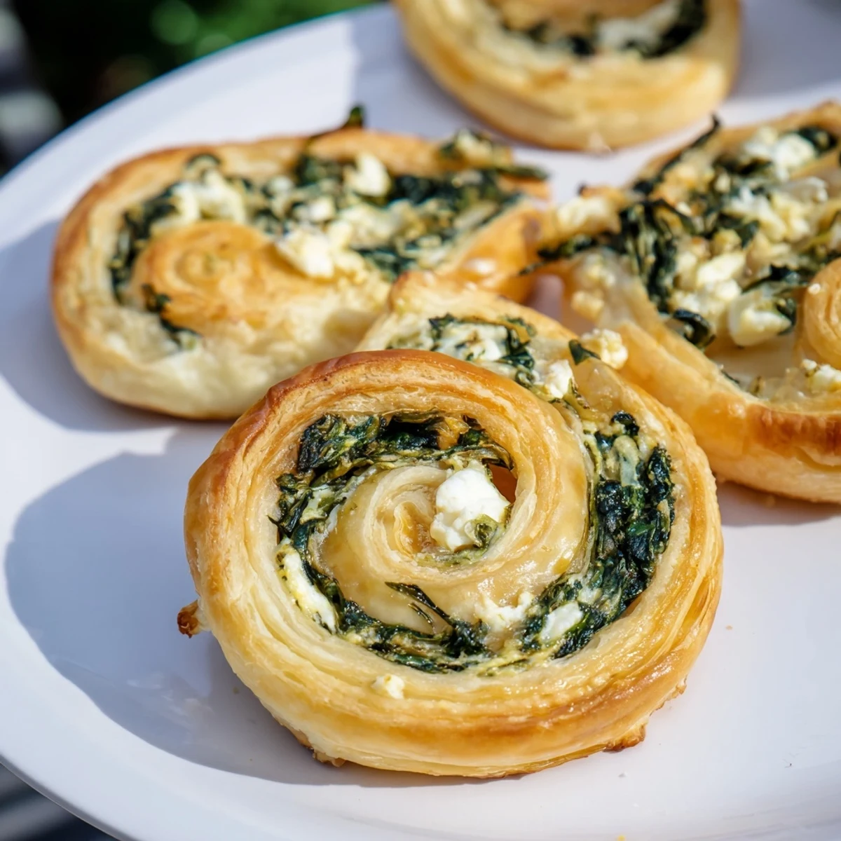 Close-up of baked spinach feta pinwheel spirals, showing layers of flaky pastry and savory filling.