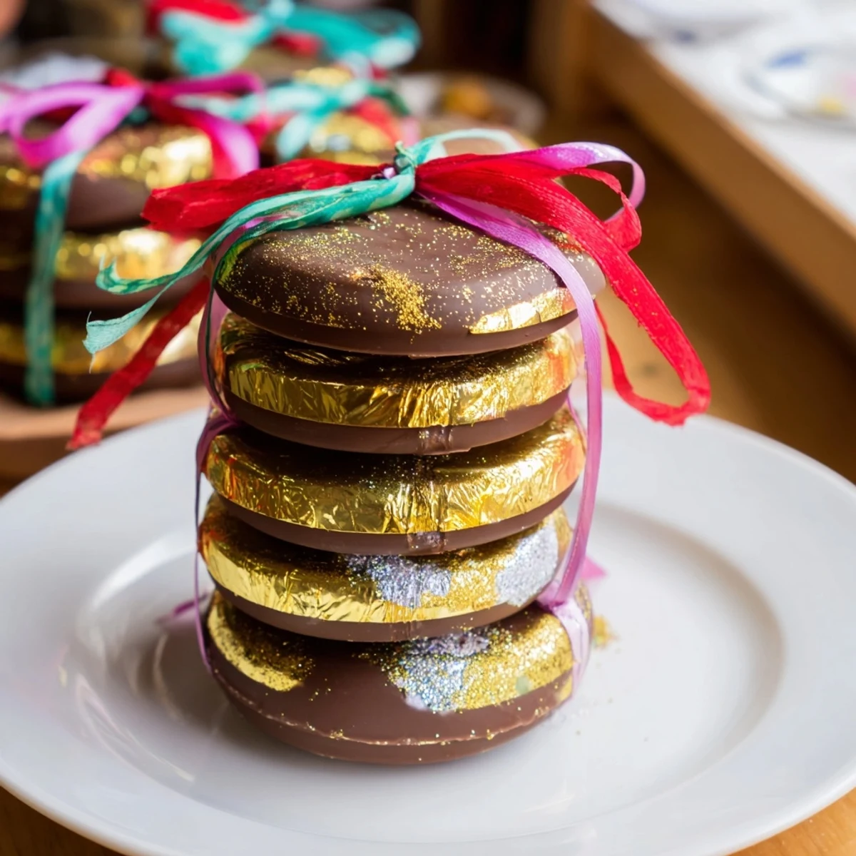 Shimmering chocolate gold coin stacks, a festive dessert centerpiece prepared in just minutes.