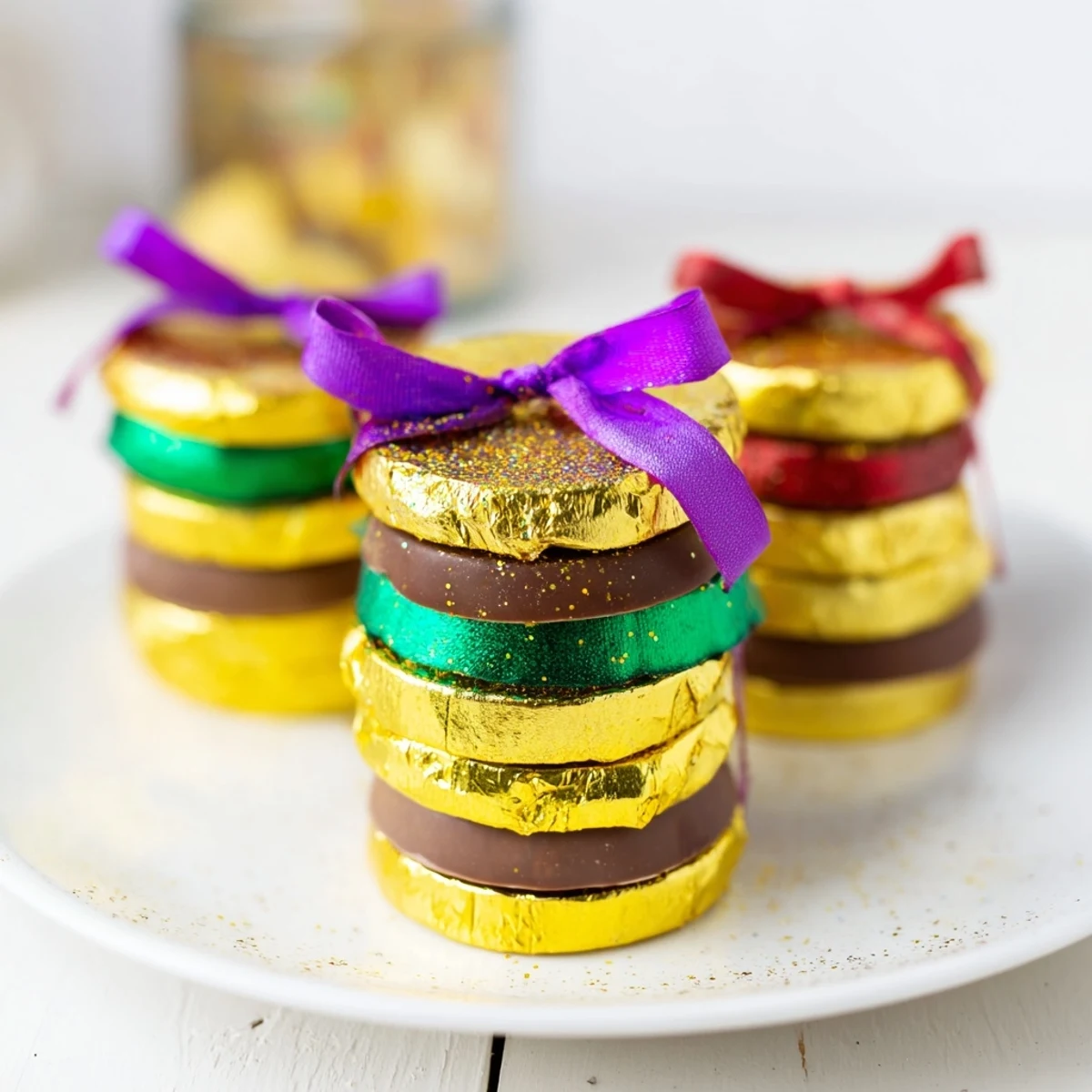 Shiny chocolate gold coins stacked high, tied with ribbon, creating an elegant party dessert.