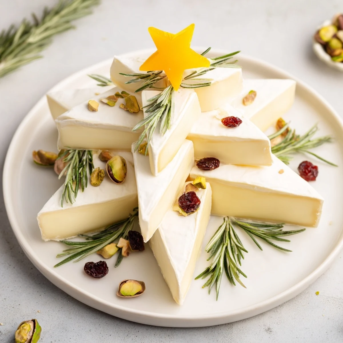 Simple Brie Triangle Cheese Tree arranged as a festive appetizer with rosemary, cranberries, and nuts.