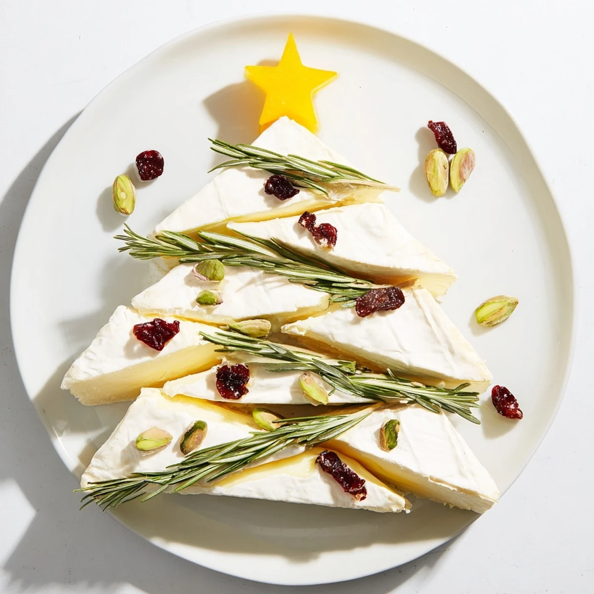This Simple Brie Triangle Cheese Tree appetizer looks delicious, ready to serve with crackers and honey.