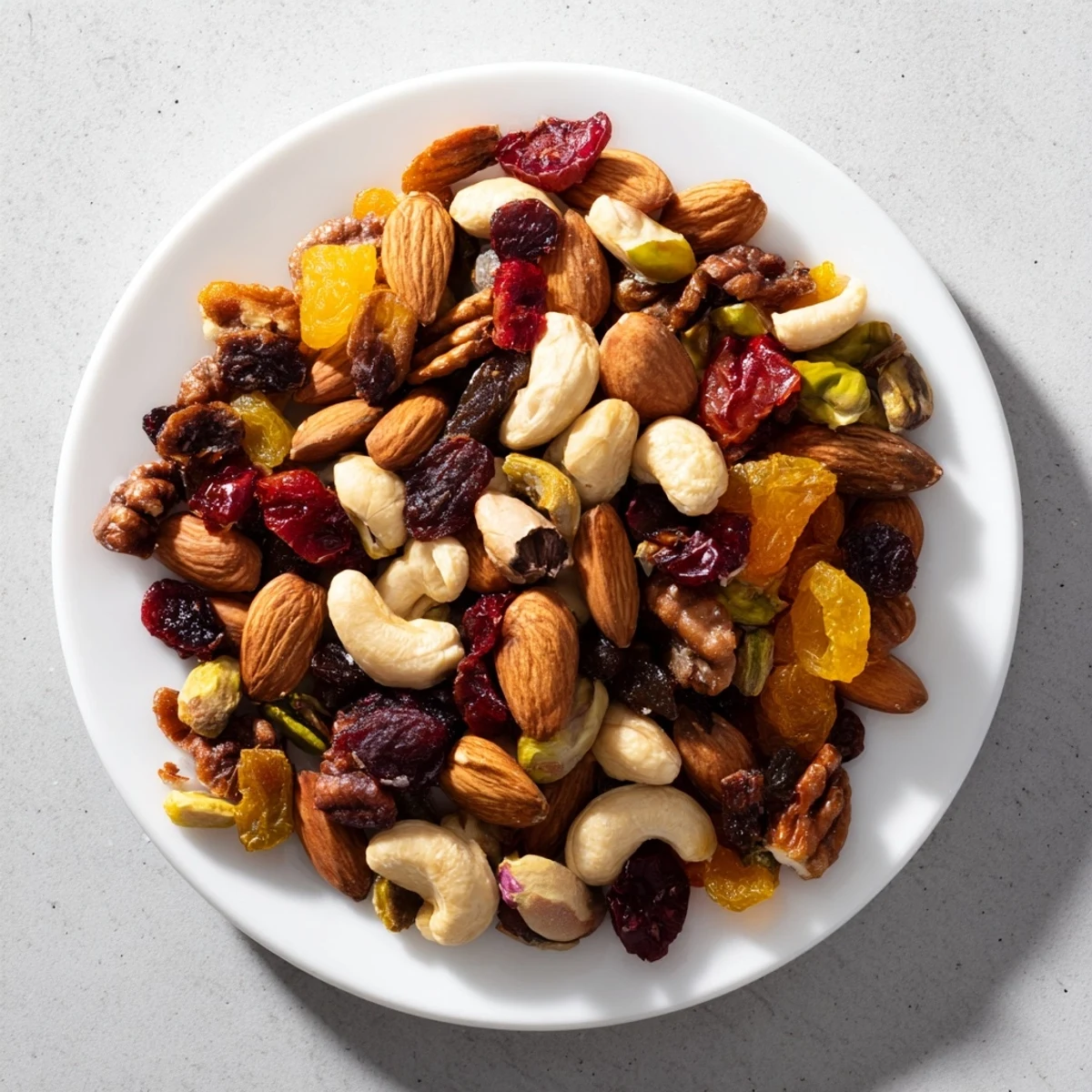 A colorful party pile of assorted nuts and dried fruit, ready to snack on.