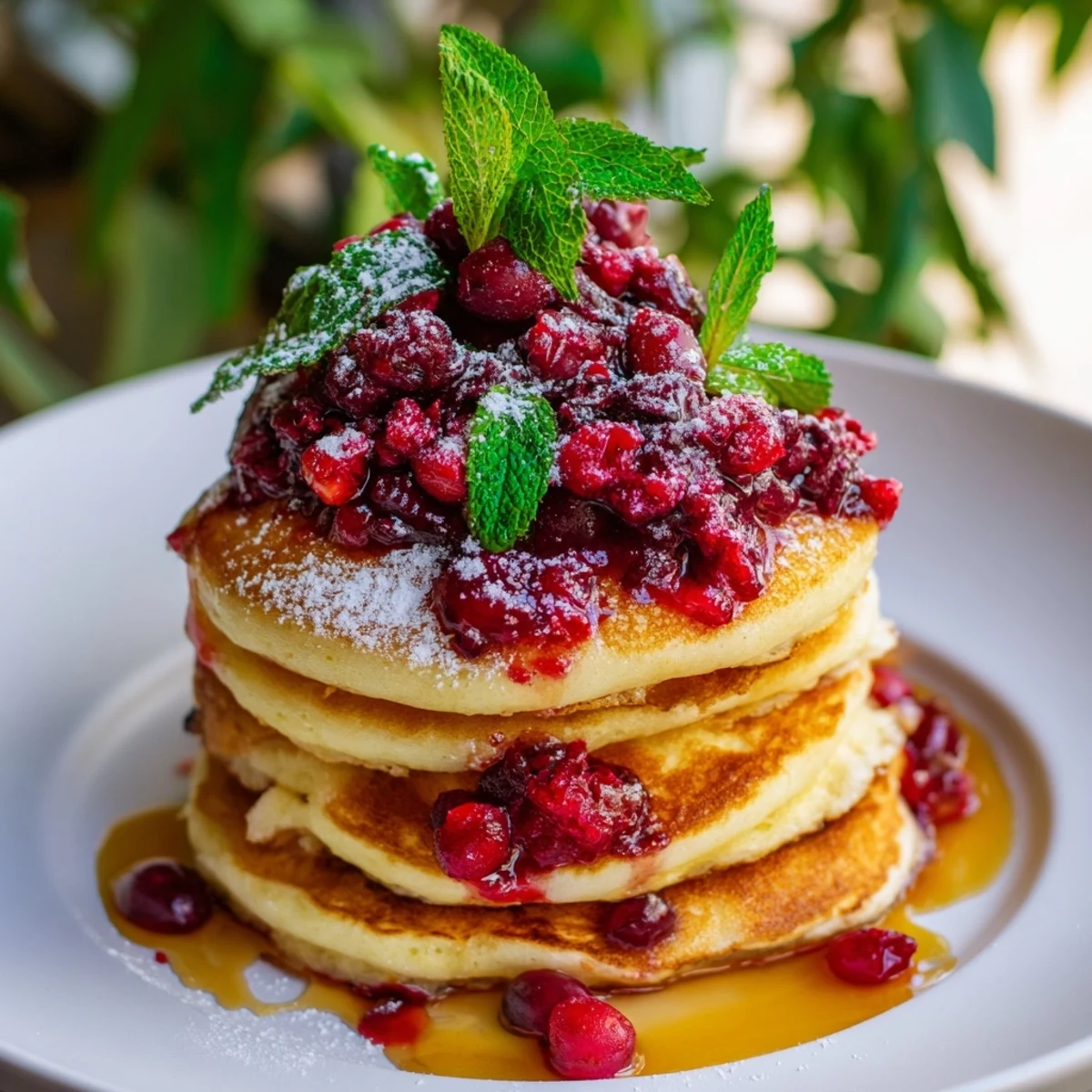 Golden-brown pancakes, topped with vibrant berry holly, create a delicious brunch board display.