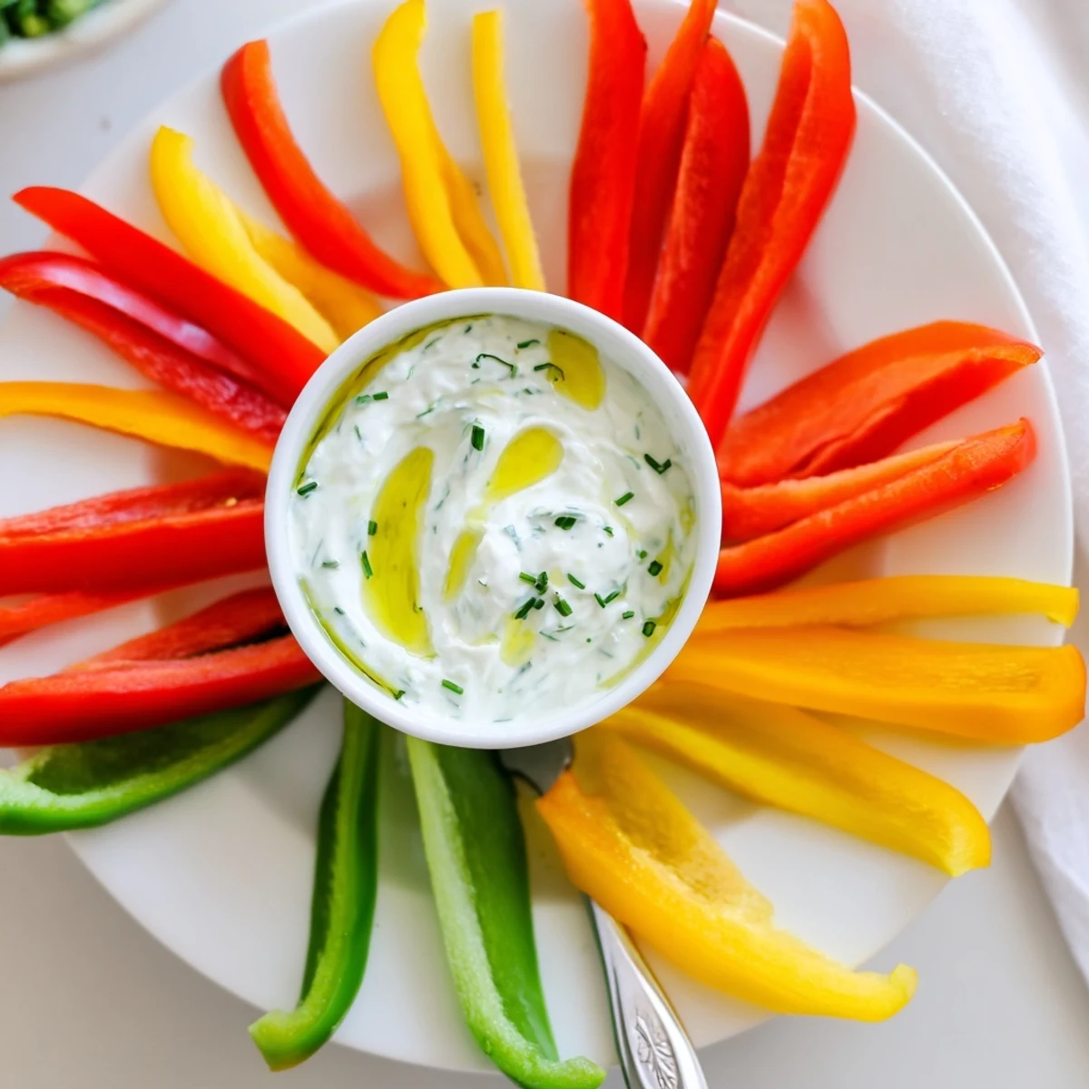 Crisp bell pepper strips with a tangy Greek yogurt dip, a flavorful and easy party appetizer.